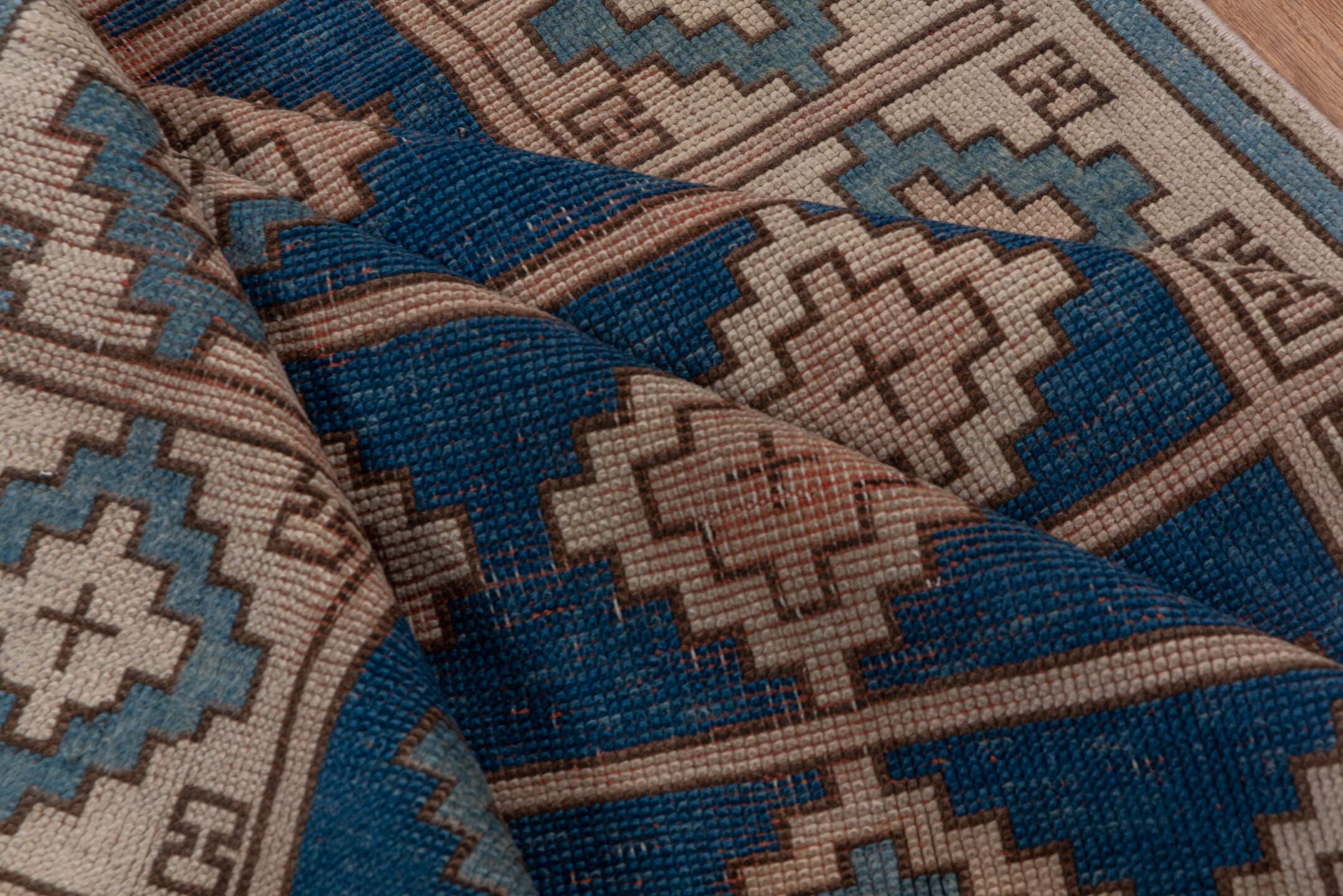 3' x 6' one-of-a-kind handmade vintage Oushak small size rug. Color palette: blue, ivory, taupe, sky_blue, brown, beige