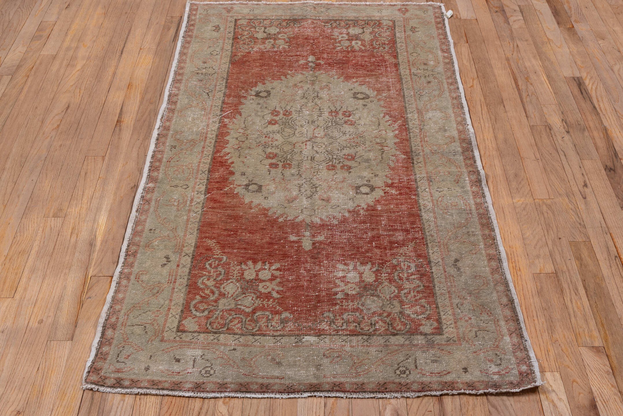3' x 6' one-of-a-kind handmade antique Oushak small size rug. Color palette: rose, ivory, blush, taupe, sage, camel, pink