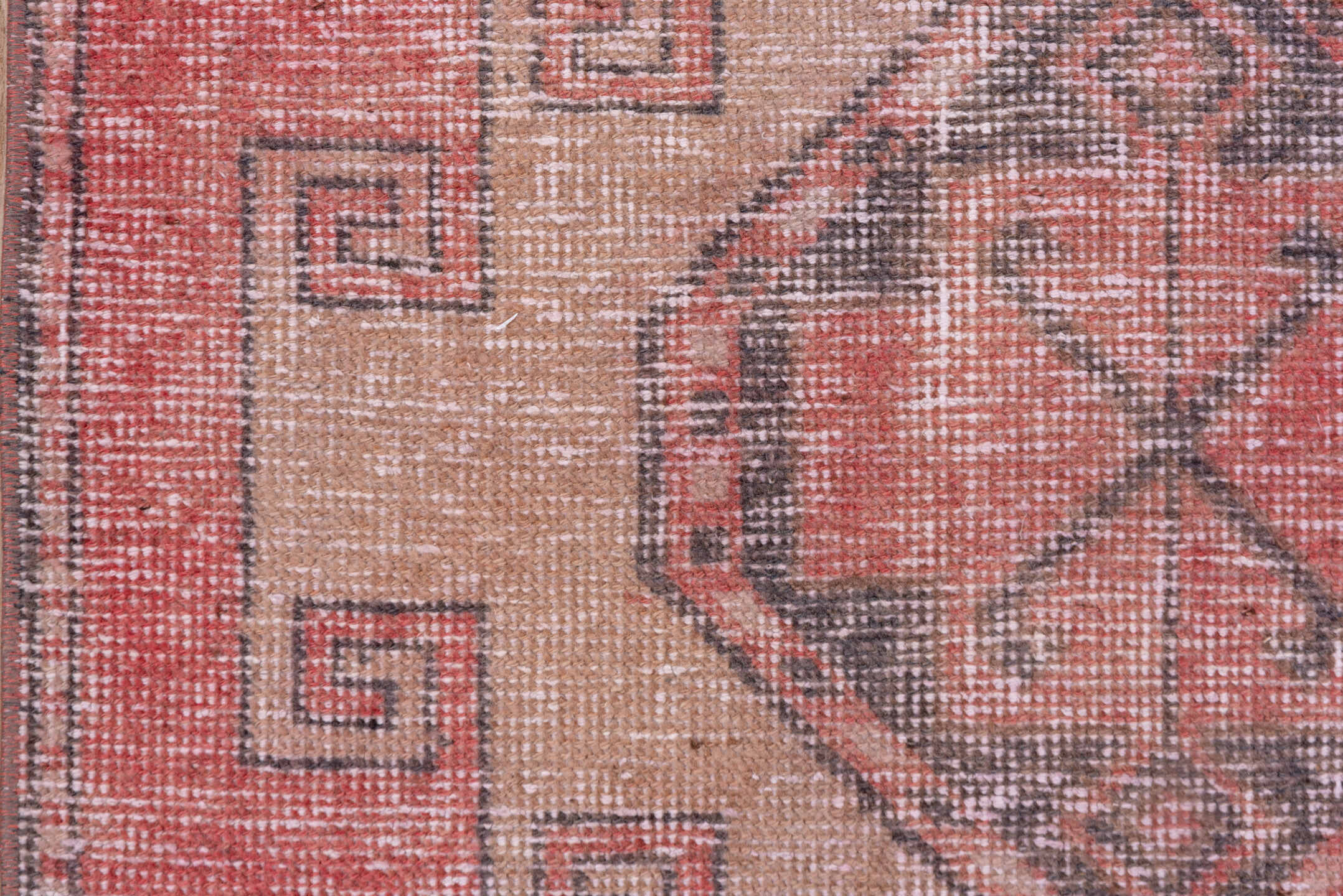 3' x 11' one-of-a-kind handmade vintage Oushak runner rug. Color palette: gray, light gray, off-white, pink, red, rosy brown