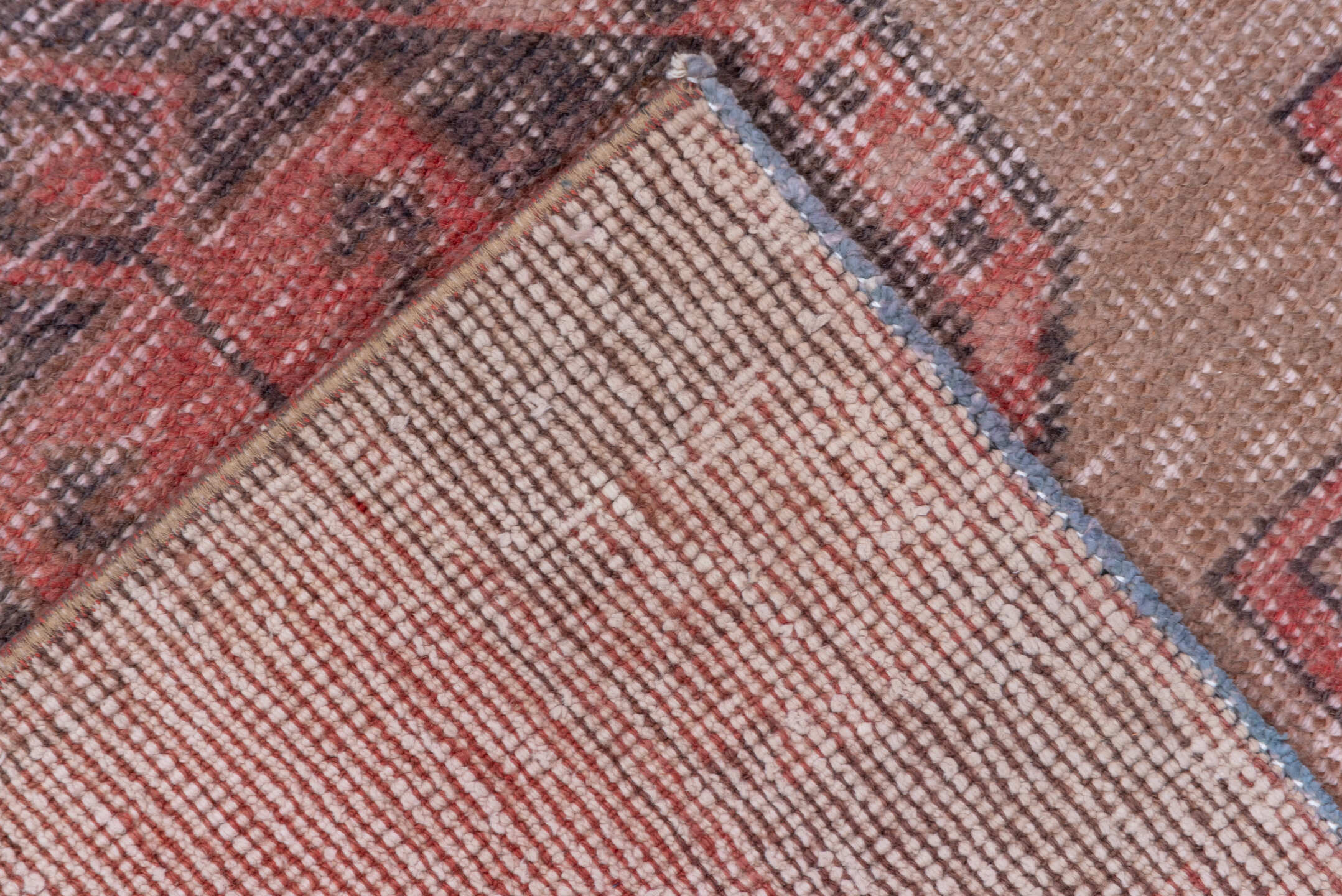 3' x 11' one-of-a-kind handmade vintage Oushak runner rug. Color palette: gray, light gray, off-white, pink, red, rosy brown