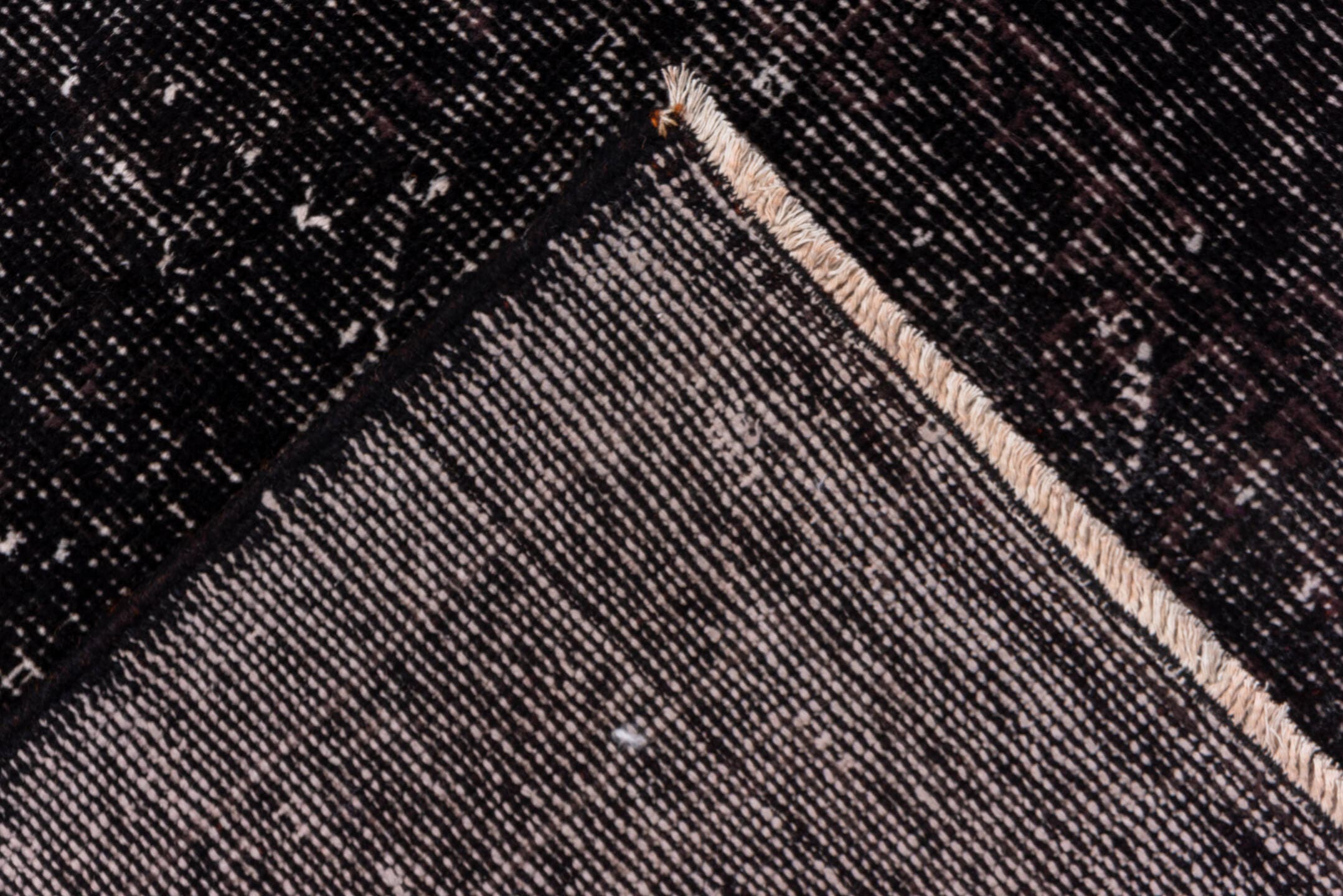 3' x 10' one-of-a-kind handmade vintage Overdyed runner rug. Color palette: charcoal, taupe, gray, ebony, black, beige