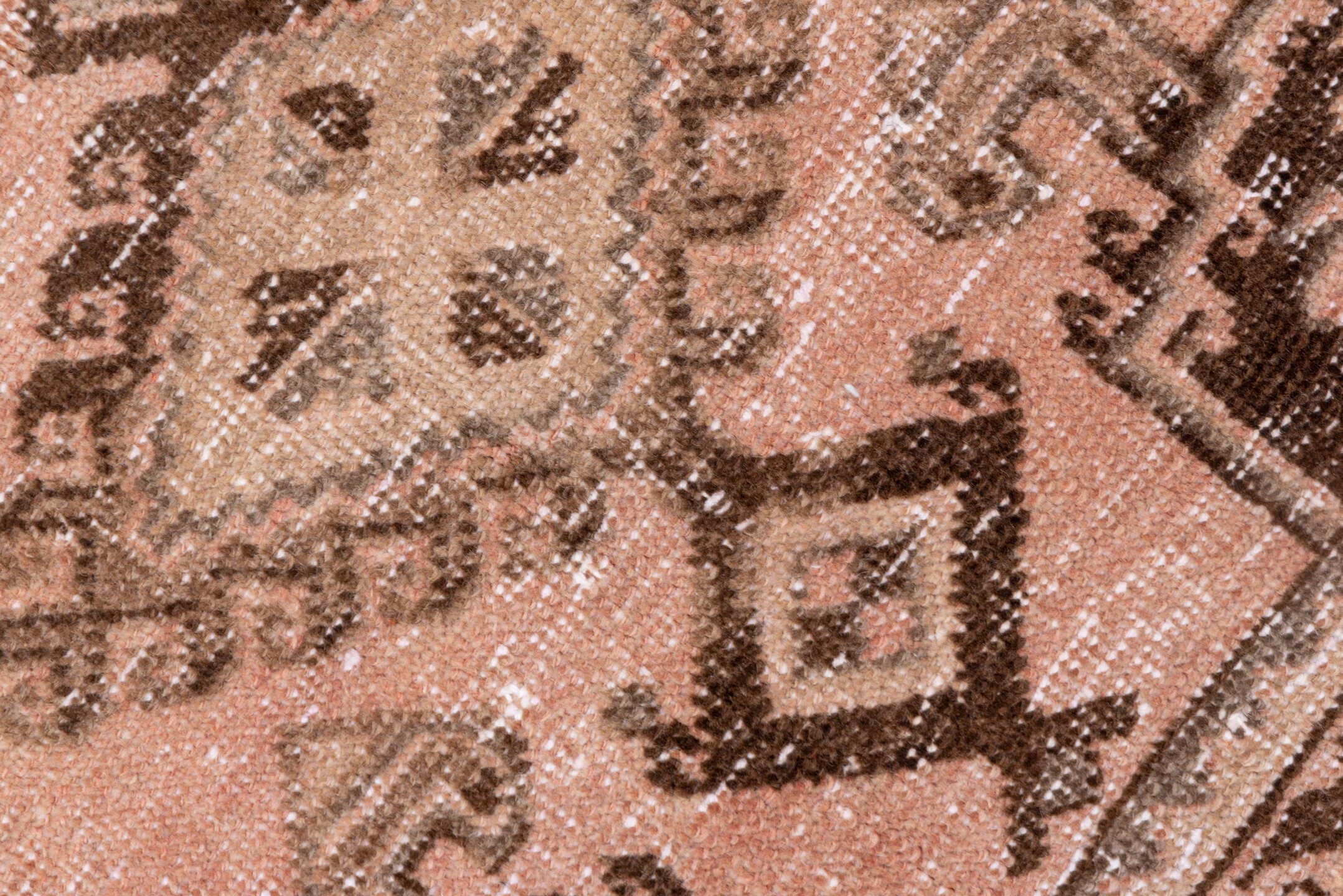 3' x 5' one-of-a-kind handmade vintage Oushak small size rug. Color palette: blush, taupe, brown, camel, ivory, pink, beige