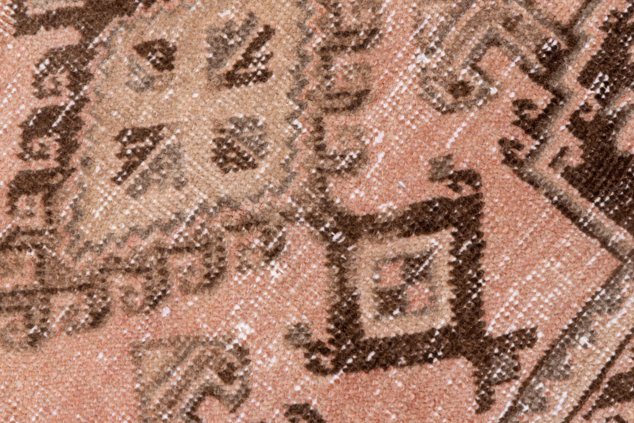 3' x 5' one-of-a-kind handmade vintage Oushak small size rug. Color palette: brown, gray, light gray, off-white, pink, snow