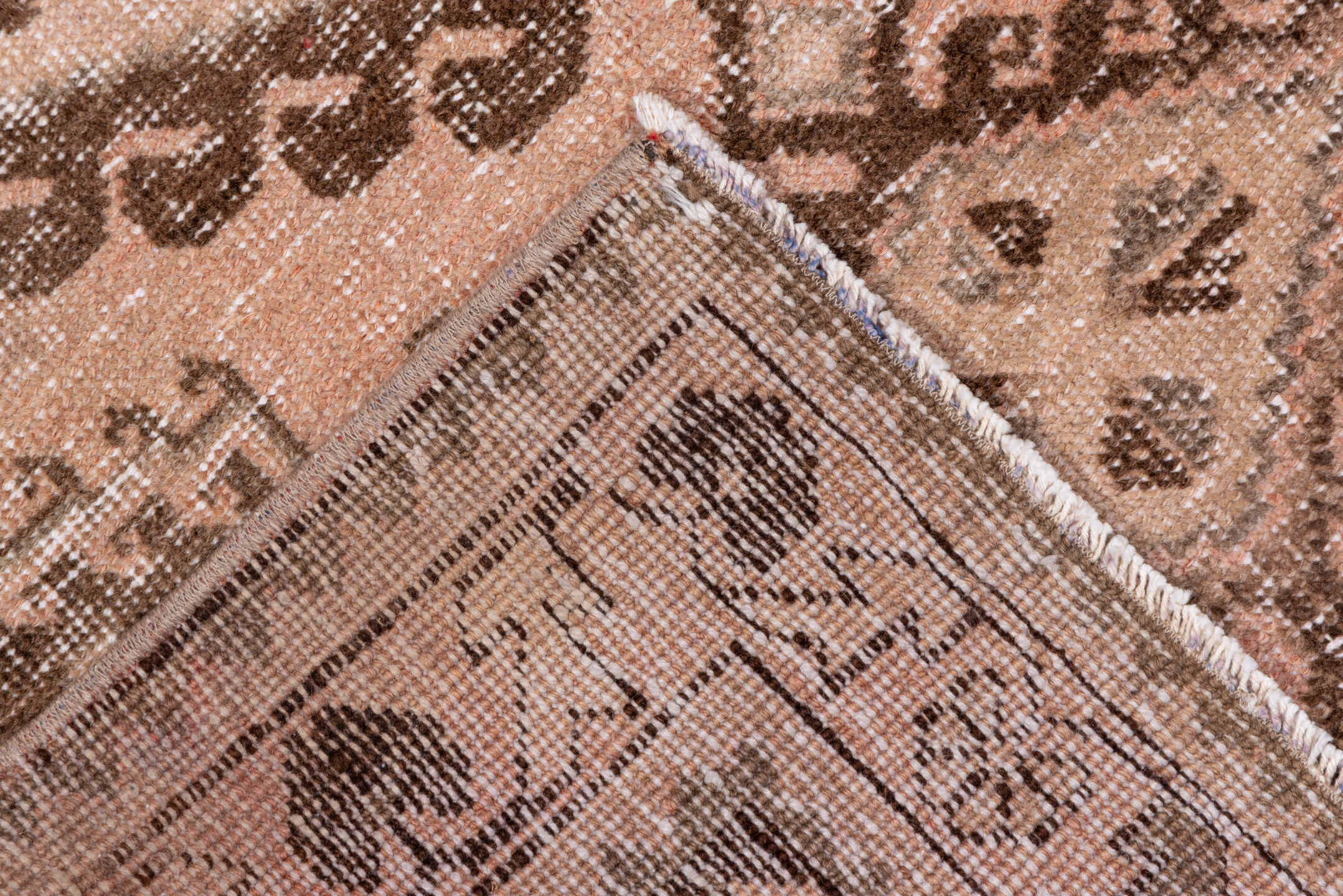 3' x 5' one-of-a-kind handmade vintage Oushak small size rug. Color palette: brown, gray, light gray, off-white, pink, snow