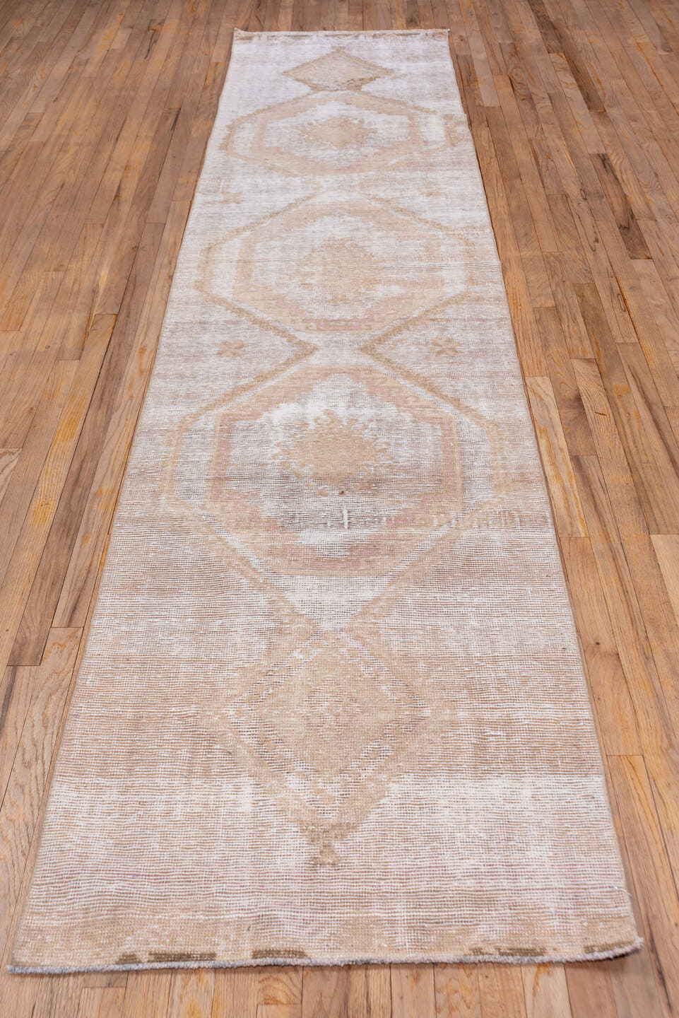 2' x 13' one-of-a-kind handmade vintage Oushak runner rug. Color palette: ivory, blush, sand, taupe, peach, pink, beige