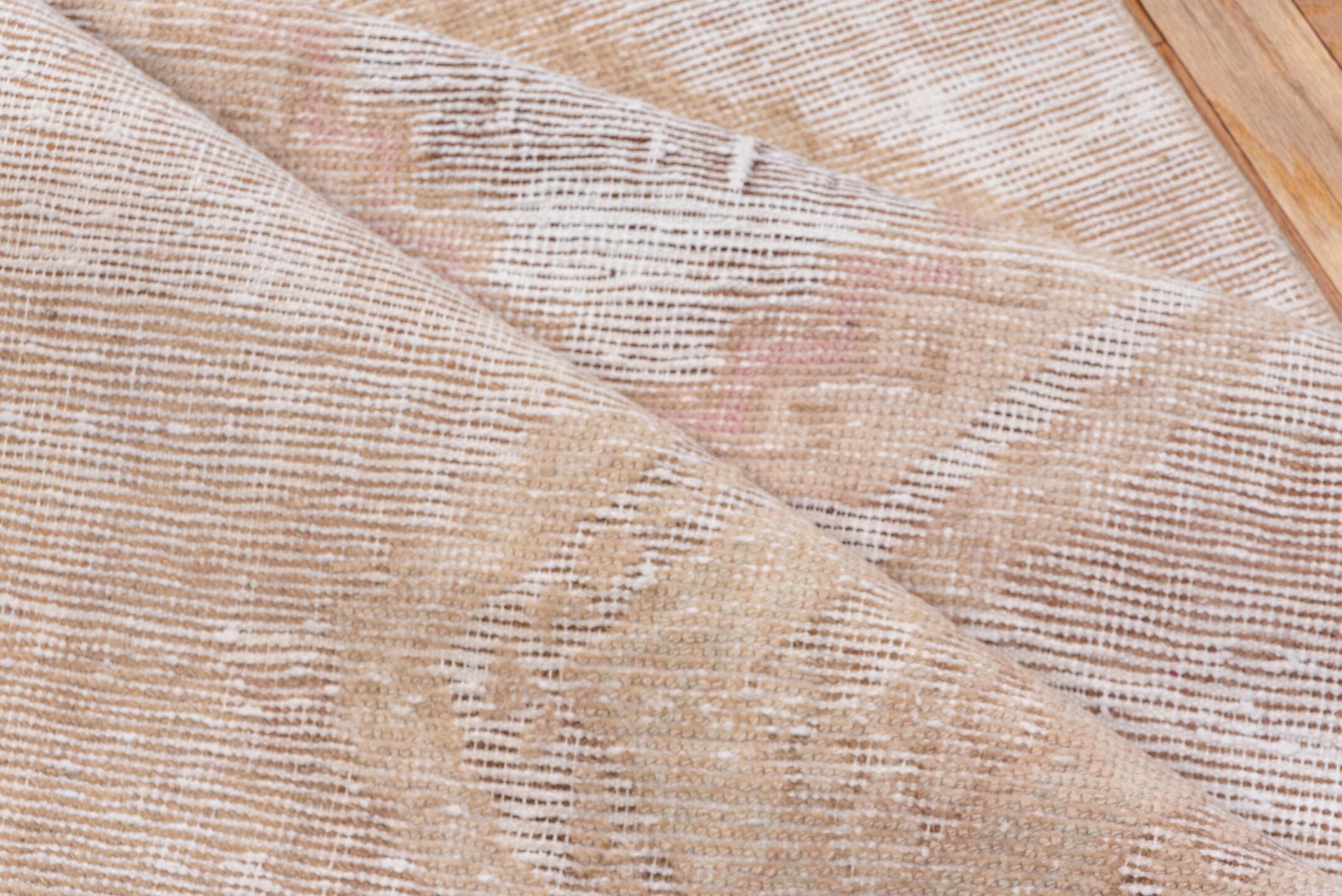 2' x 13' one-of-a-kind handmade vintage Oushak runner rug. Color palette: ivory, blush, sand, taupe, peach, pink, beige