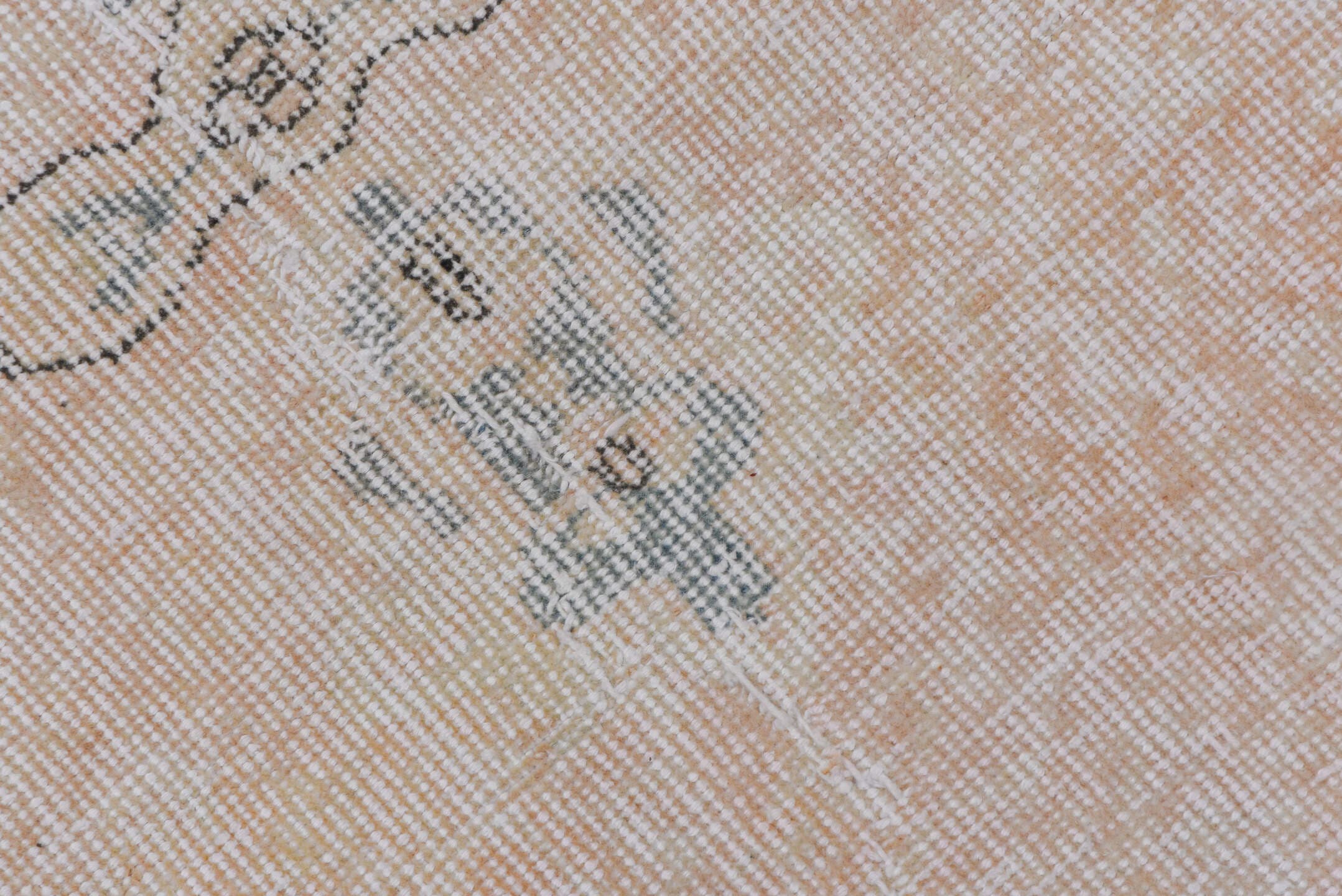 3' x 6' one-of-a-kind handmade vintage Oushak small size rug. Color palette: blush, ivory, pale blue, cream, taupe, pink