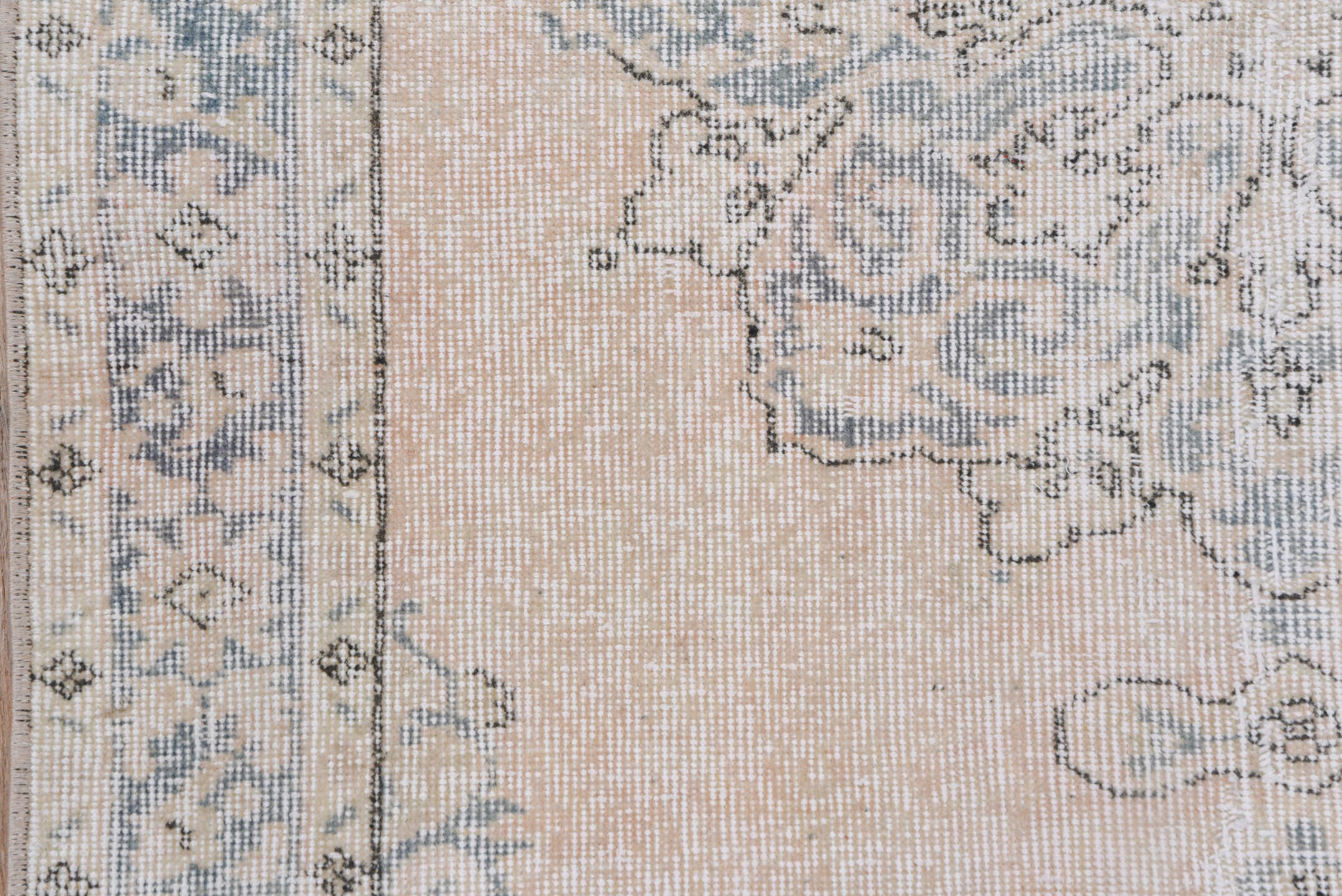 3' x 6' one-of-a-kind handmade vintage Oushak small size rug. Color palette: blush, ivory, pale blue, cream, taupe, pink