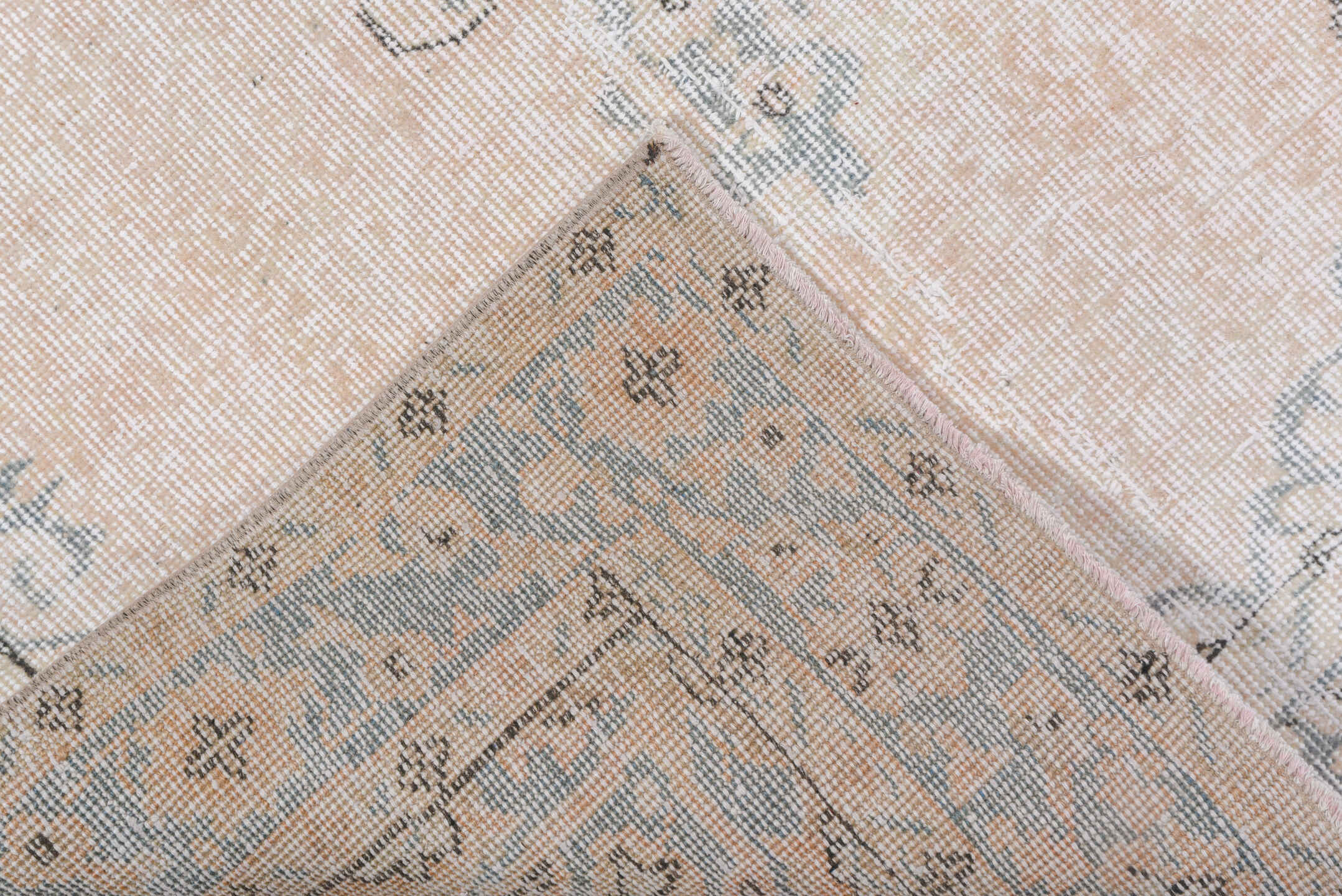 3' x 6' one-of-a-kind handmade vintage Oushak small size rug. Color palette: blush, ivory, pale blue, cream, taupe, pink