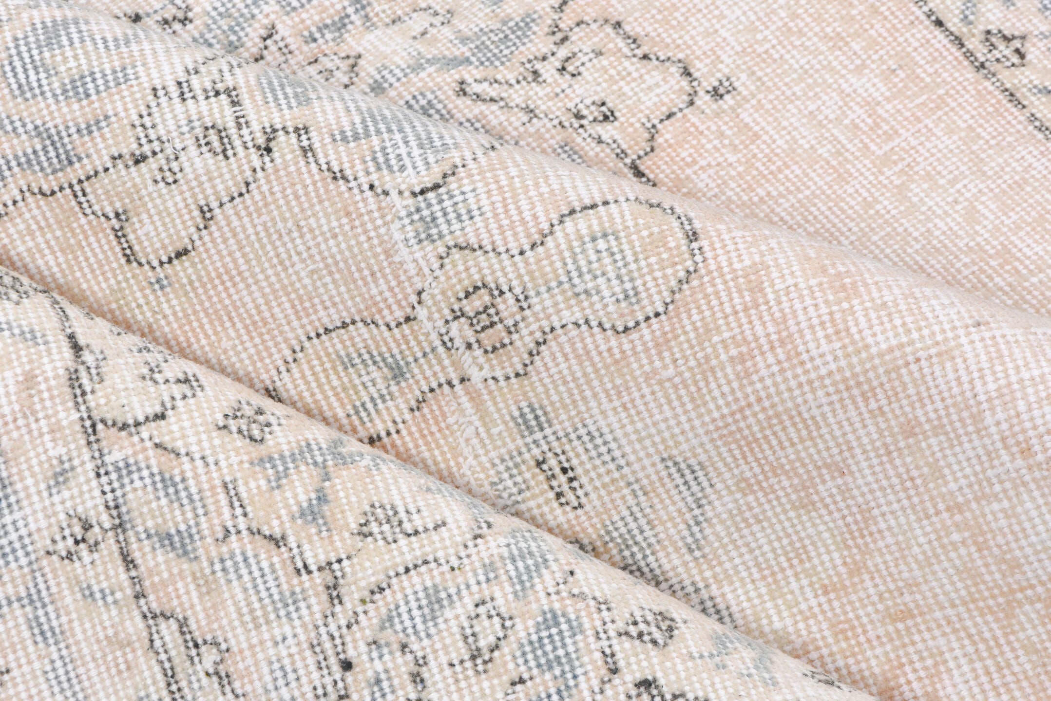 3' x 6' one-of-a-kind handmade vintage Oushak small size rug. Color palette: blush, ivory, pale blue, cream, taupe, pink