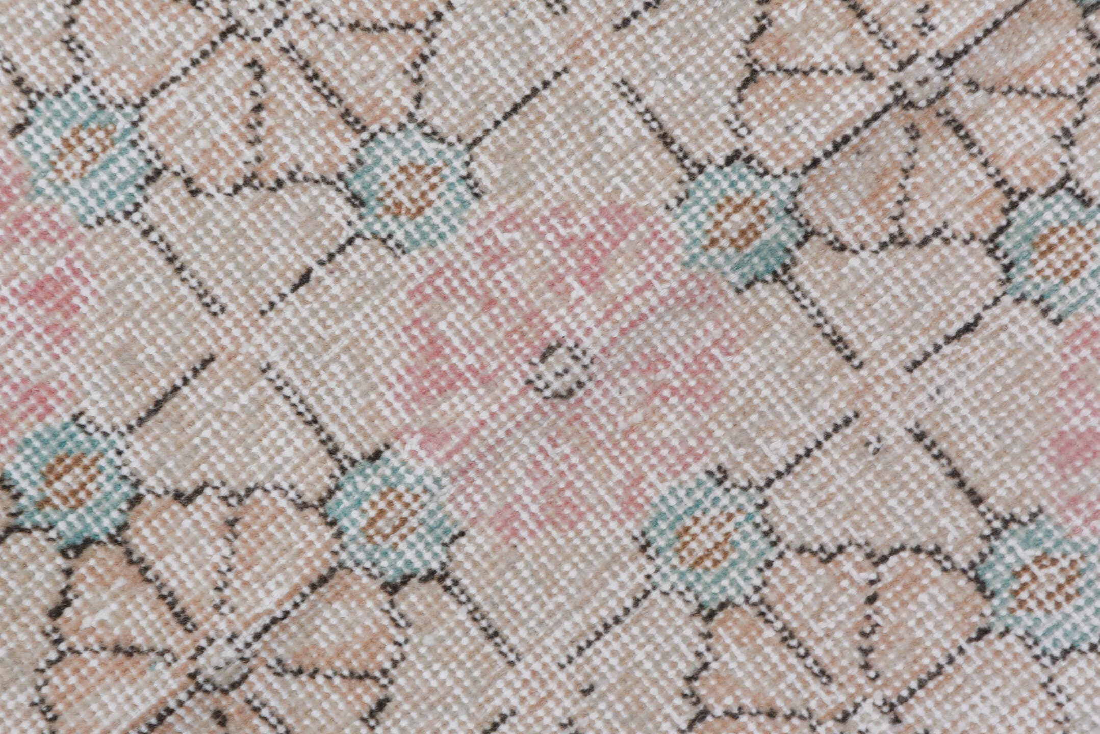 4' x 6' one-of-a-kind handmade vintage Oushak small size rug. Color palette: blush, ivory, taupe, aqua, beige, charcoal