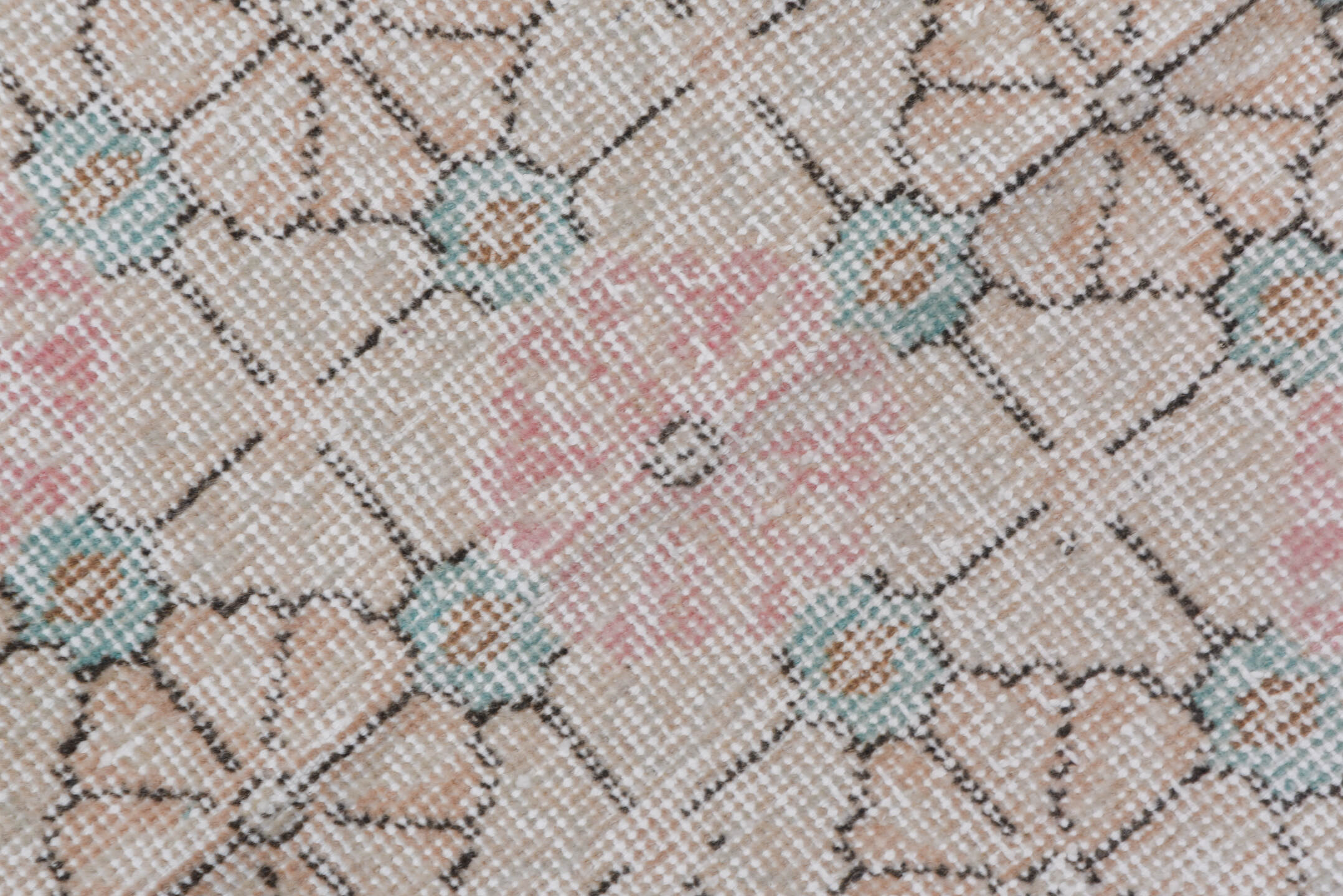 4' x 6' one-of-a-kind handmade vintage Oushak small size rug. Color palette: blush, ivory, taupe, aqua, beige, charcoal