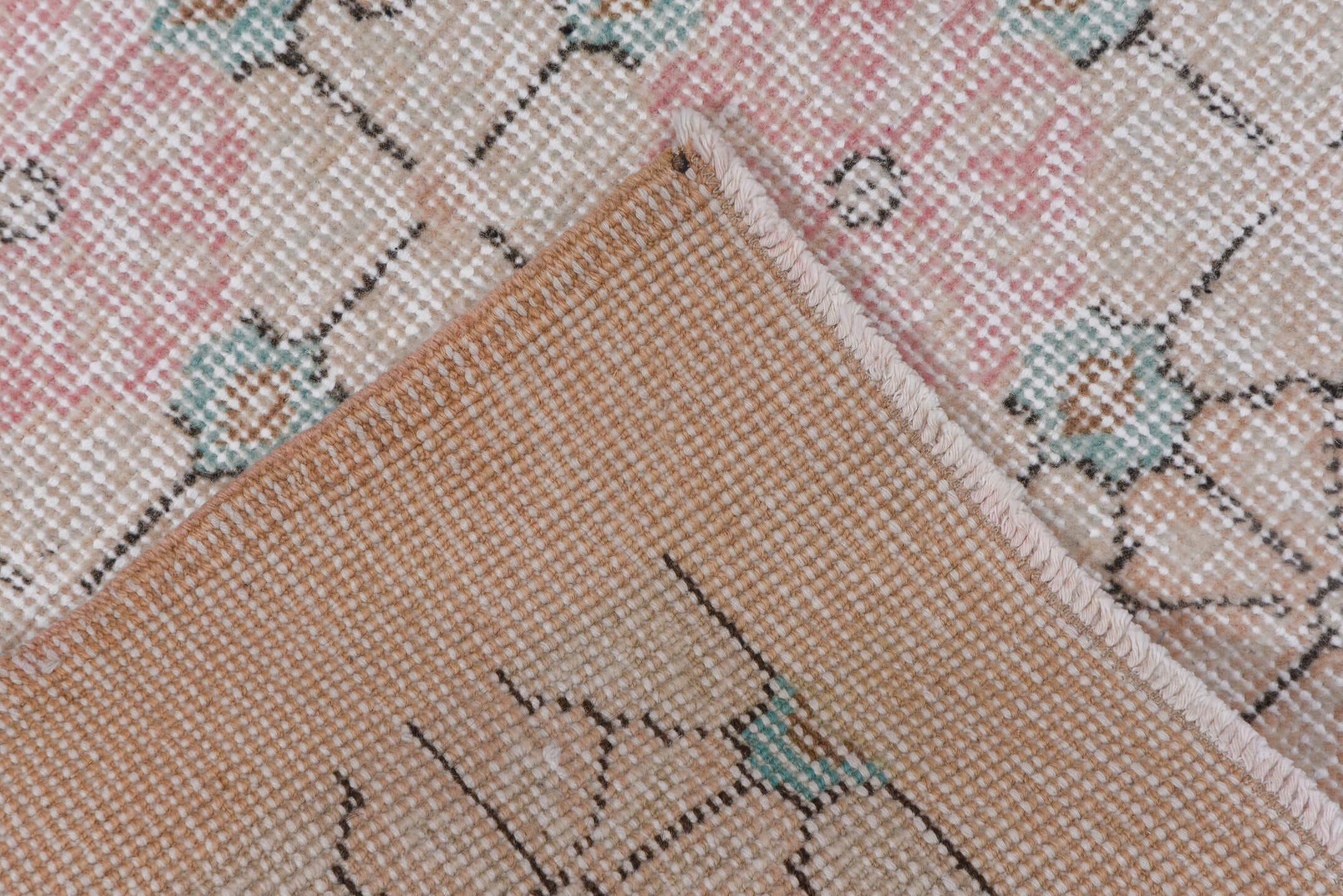 4' x 6' one-of-a-kind handmade vintage Oushak small size rug. Color palette: blush, ivory, taupe, aqua, beige, charcoal