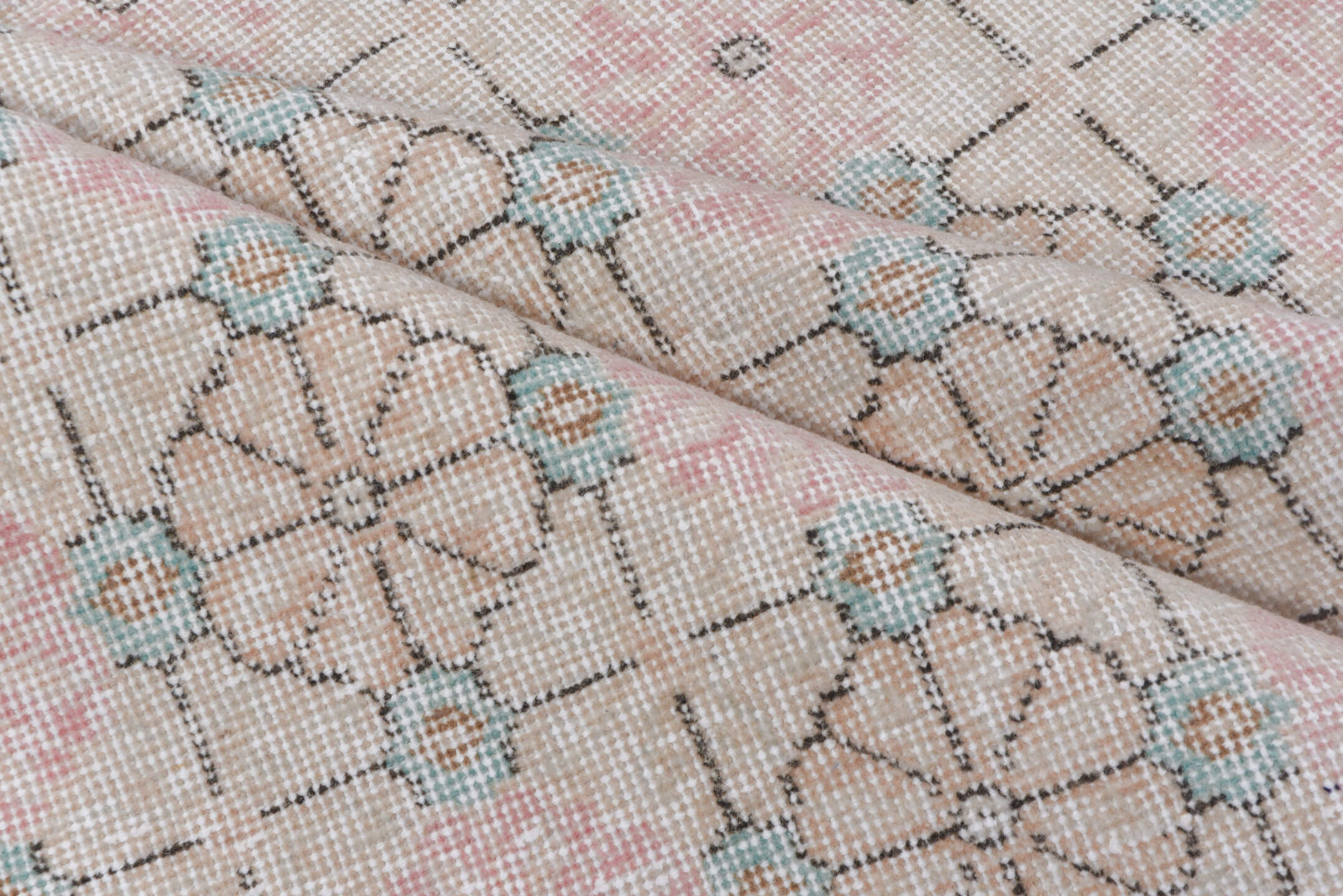4' x 6' one-of-a-kind handmade vintage Oushak small size rug. Color palette: blush, ivory, taupe, aqua, beige, charcoal