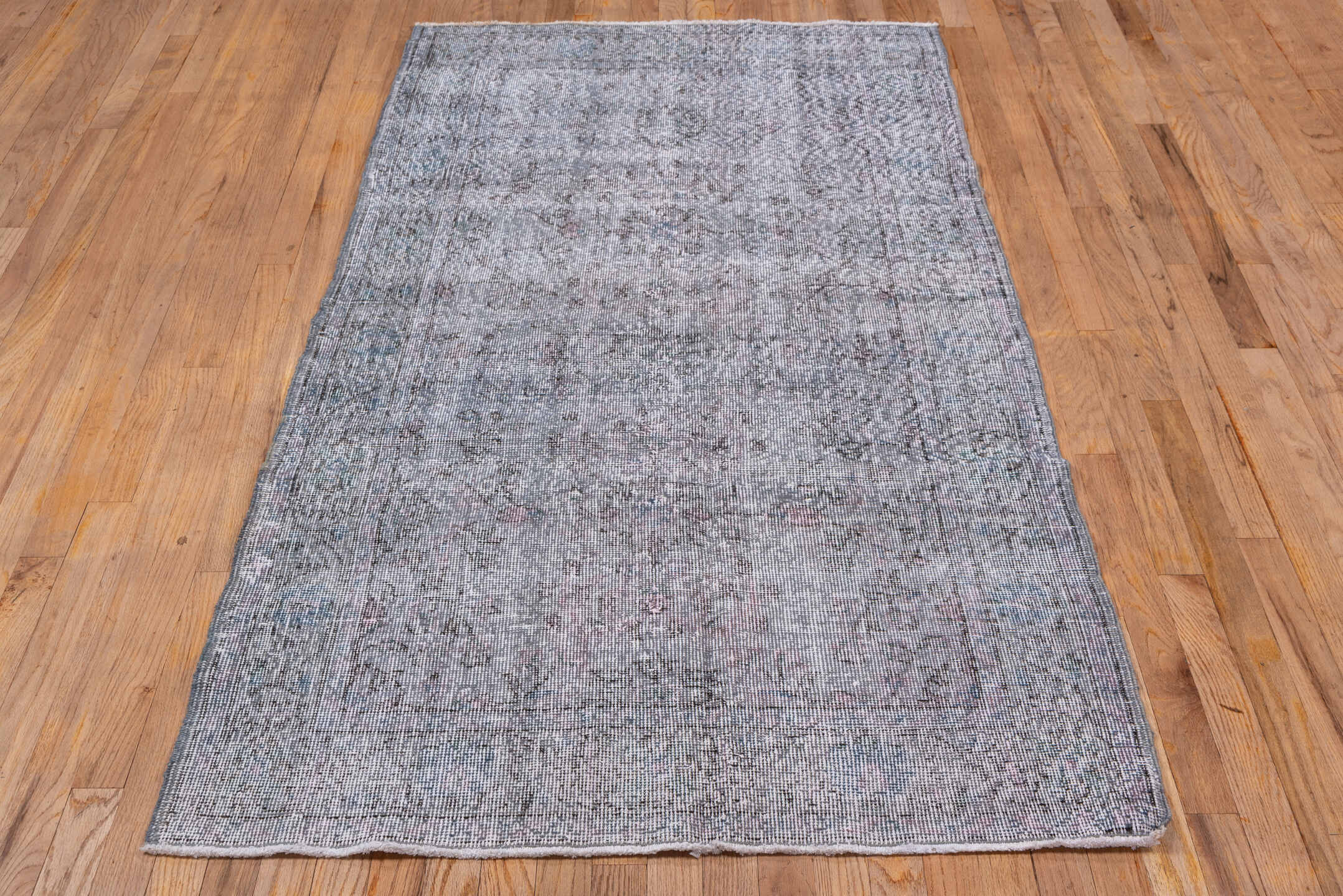 3' x 6' one-of-a-kind handmade vintage Overdyed small size rug. Color palette: dark gray, dim gray, gainsboro, gray