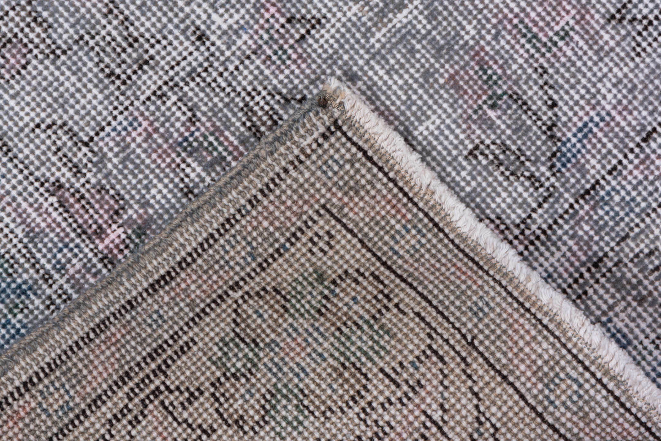 3' x 6' one-of-a-kind handmade vintage Overdyed small size rug. Color palette: dark gray, dim gray, gainsboro, gray