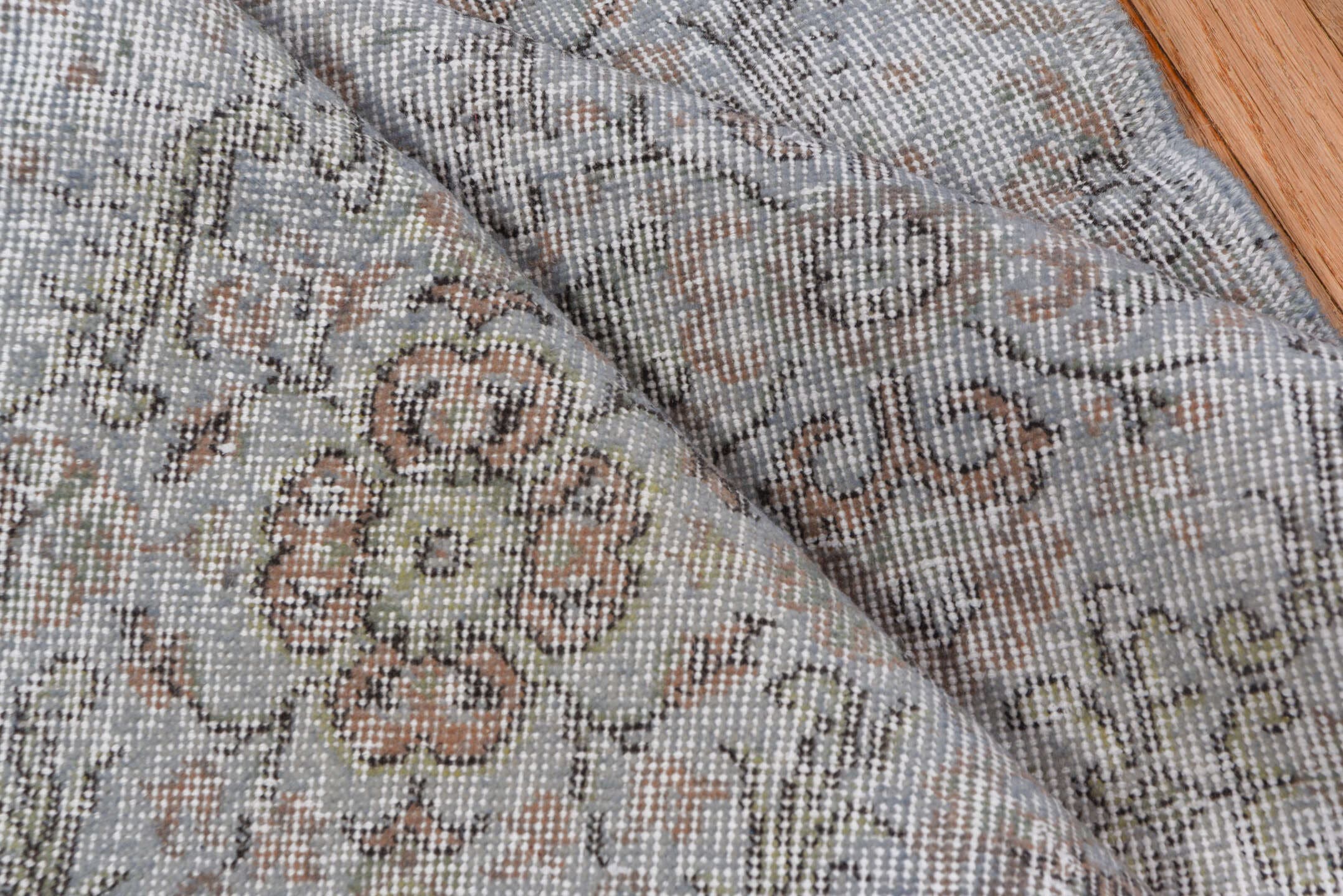 3' x 6' one-of-a-kind handmade vintage Oushak small size rug. Color palette: ivory, taupe, gray, blush, beige, pink