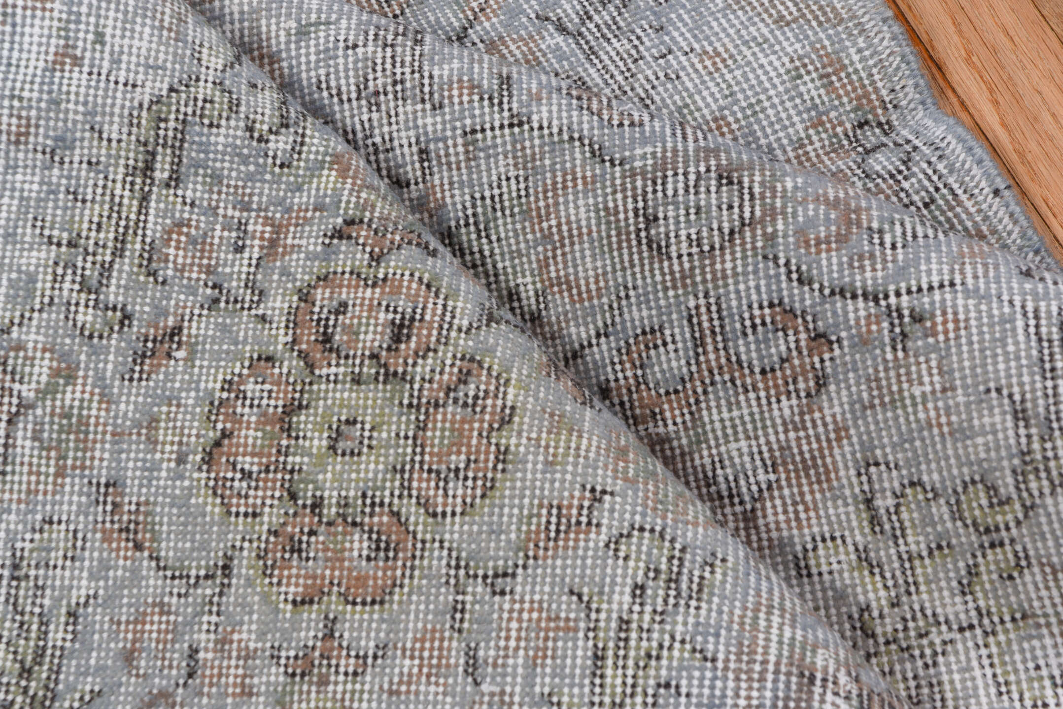 3' x 6' one-of-a-kind handmade vintage Oushak small size rug. Color palette: ivory, taupe, gray, blush, beige, pink