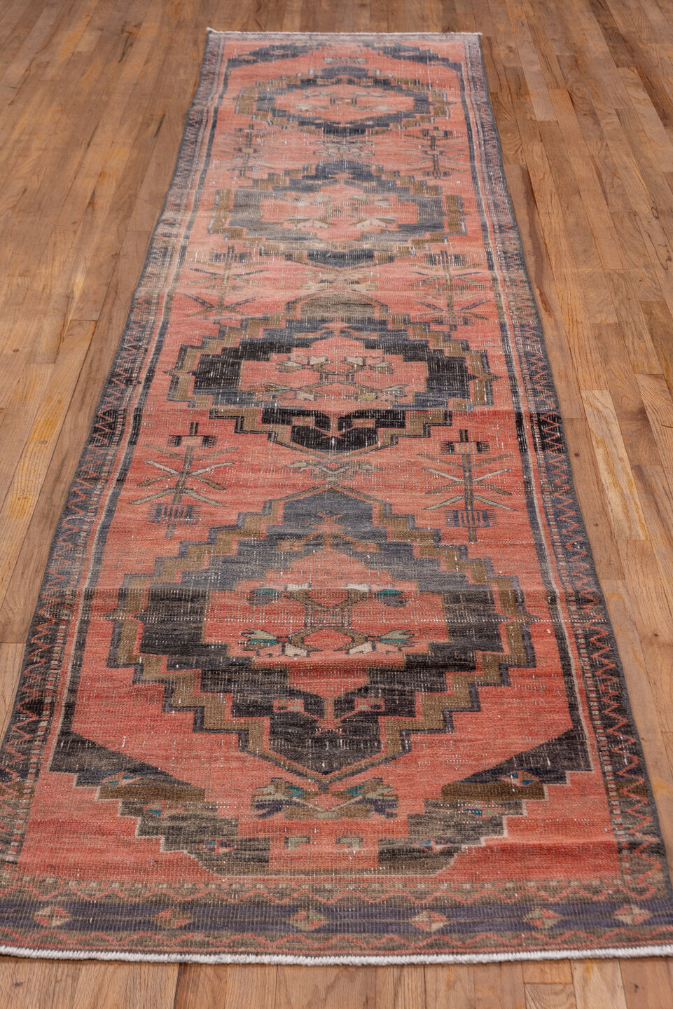 2' x 13' one-of-a-kind handmade vintage Oushak runner rug. Color palette: coral, charcoal, taupe, rose, ivory, brown