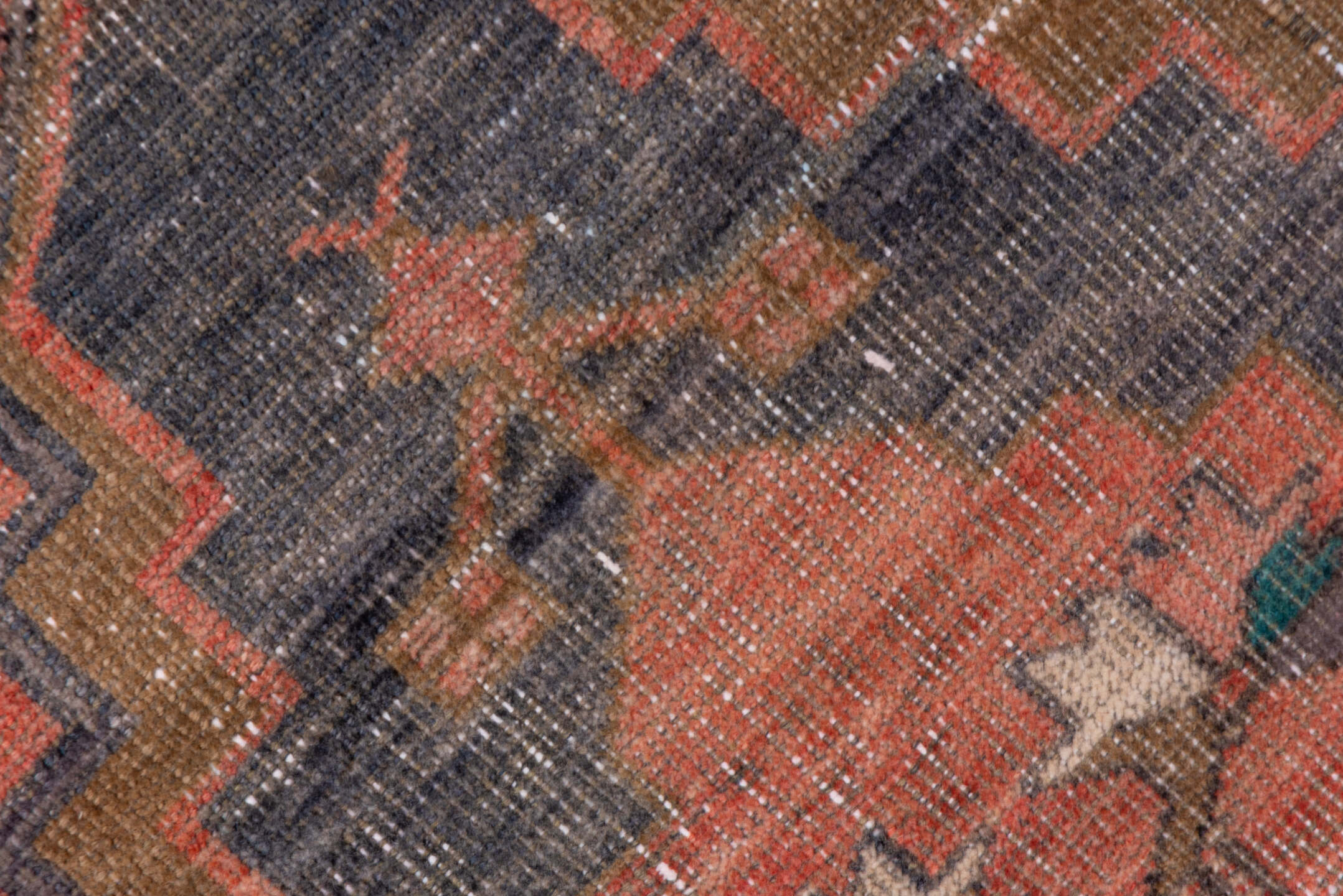2' x 13' one-of-a-kind handmade vintage Oushak runner rug. Color palette: coral, charcoal, taupe, rose, ivory, brown
