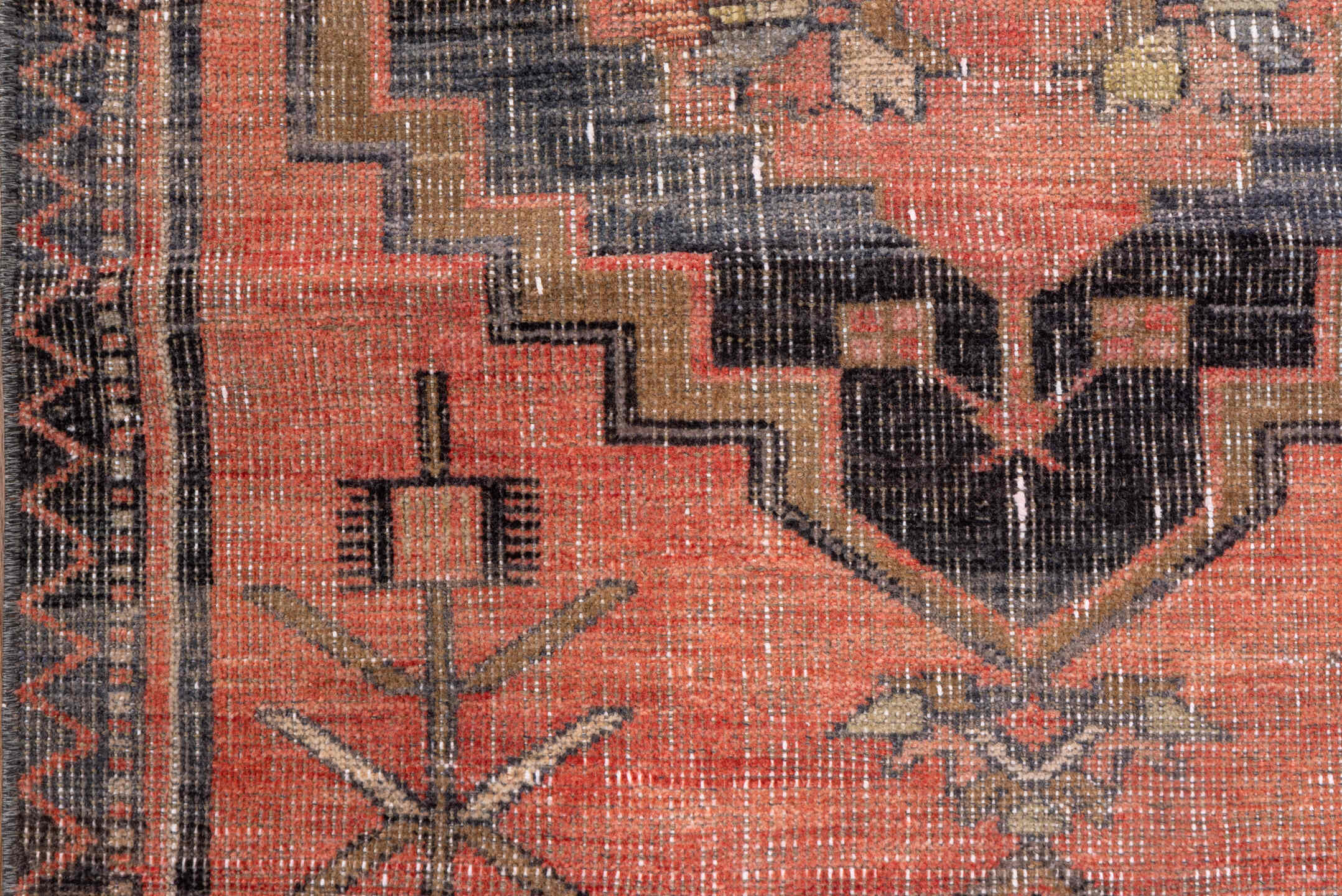 2' x 13' one-of-a-kind handmade vintage Oushak runner rug. Color palette: coral, charcoal, taupe, rose, ivory, brown