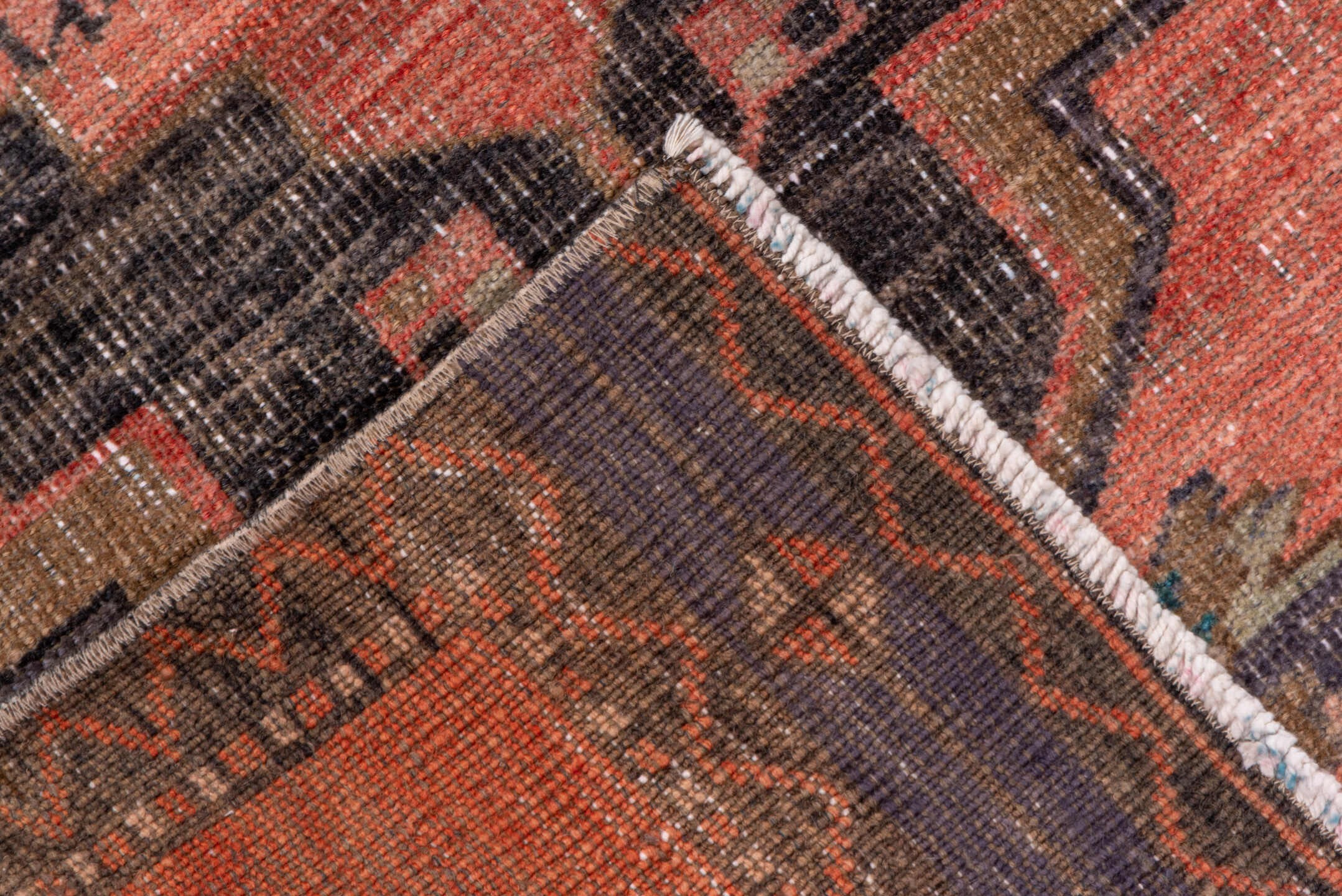 2' x 13' one-of-a-kind handmade vintage Oushak runner rug. Color palette: coral, charcoal, taupe, rose, ivory, brown