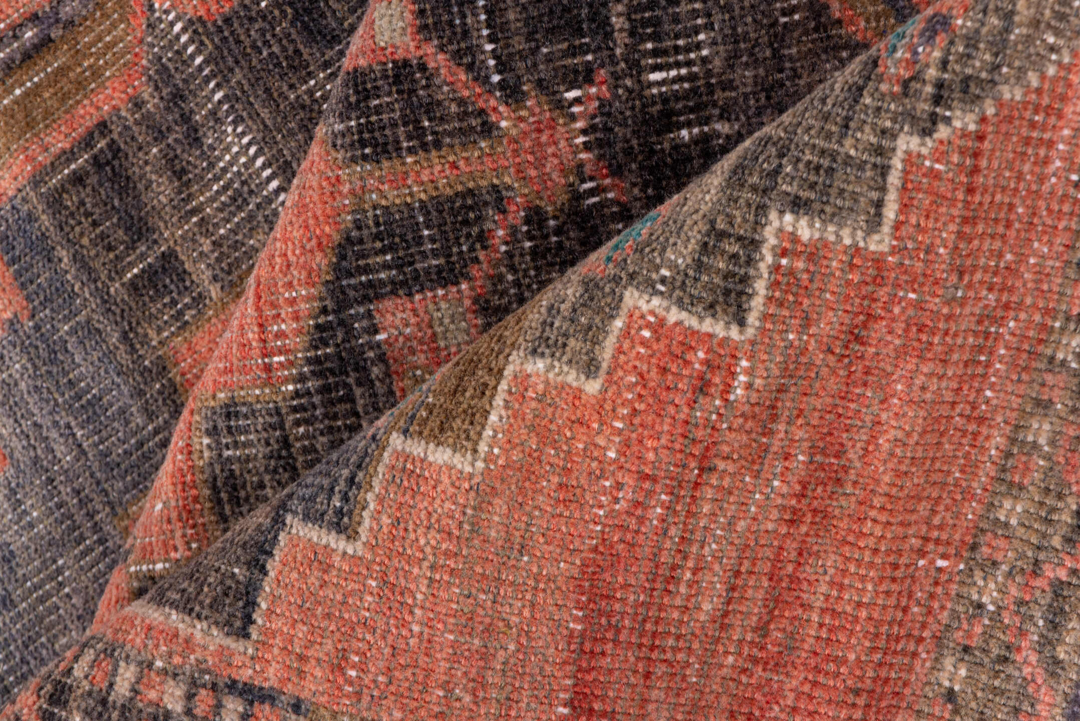 2' x 13' one-of-a-kind handmade vintage Oushak runner rug. Color palette: coral, charcoal, taupe, rose, ivory, brown
