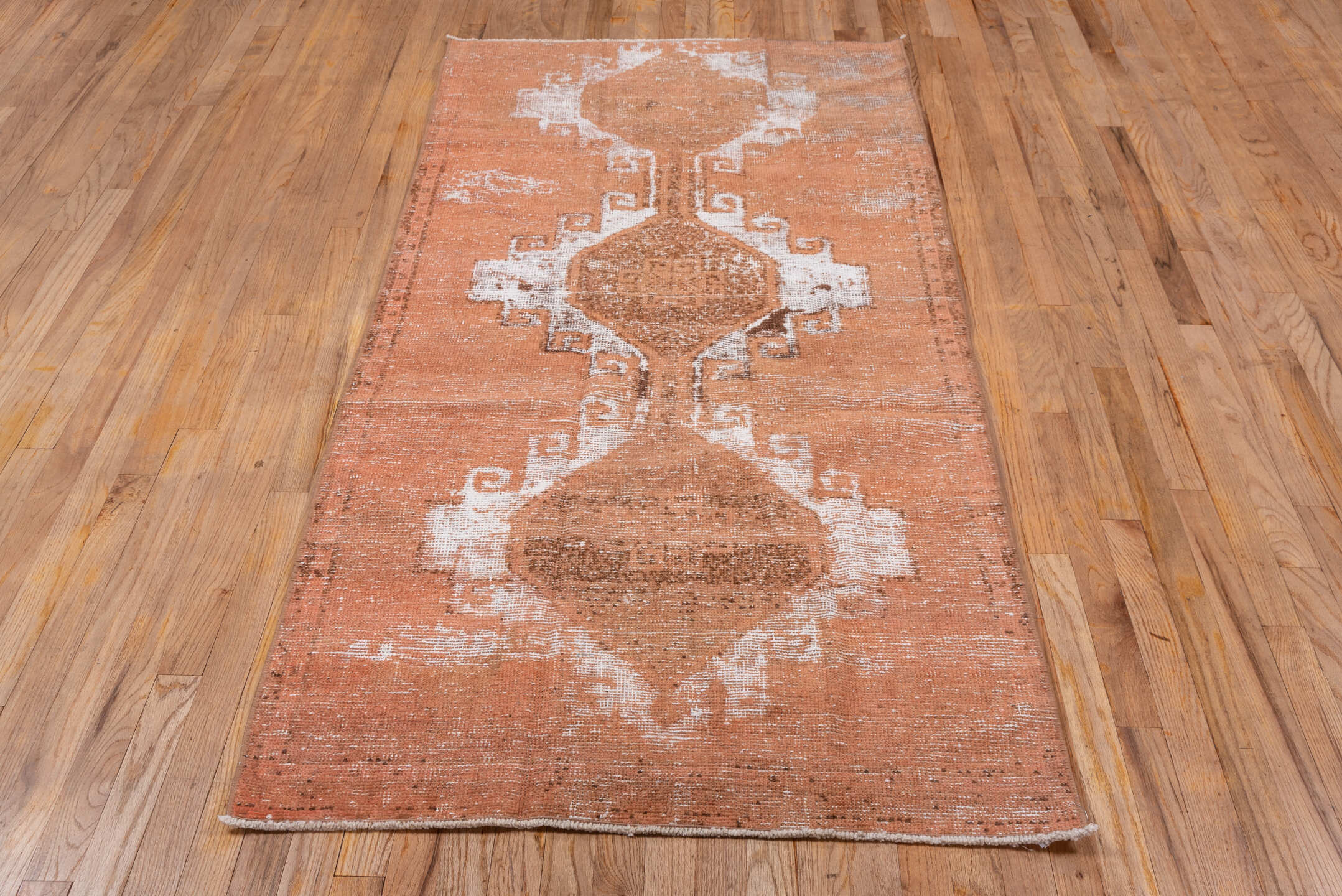 3' x 7' one-of-a-kind handmade vintage Overdyed runner rug. Color palette: brown, gray, light gray, off-white, pink, snow