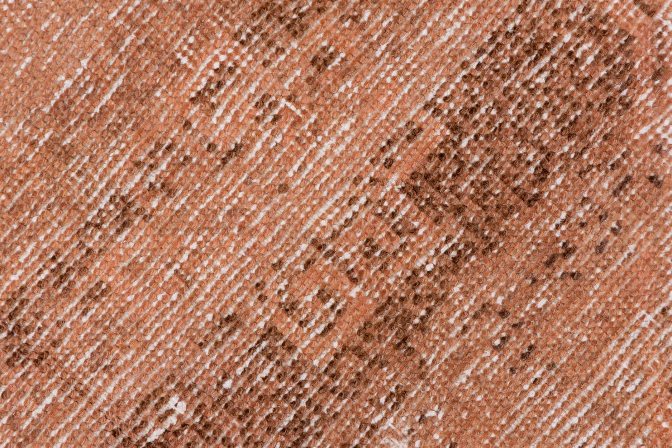 3' x 7' one-of-a-kind handmade vintage Overdyed runner rug. Color palette: brown, gray, light gray, off-white, pink, snow