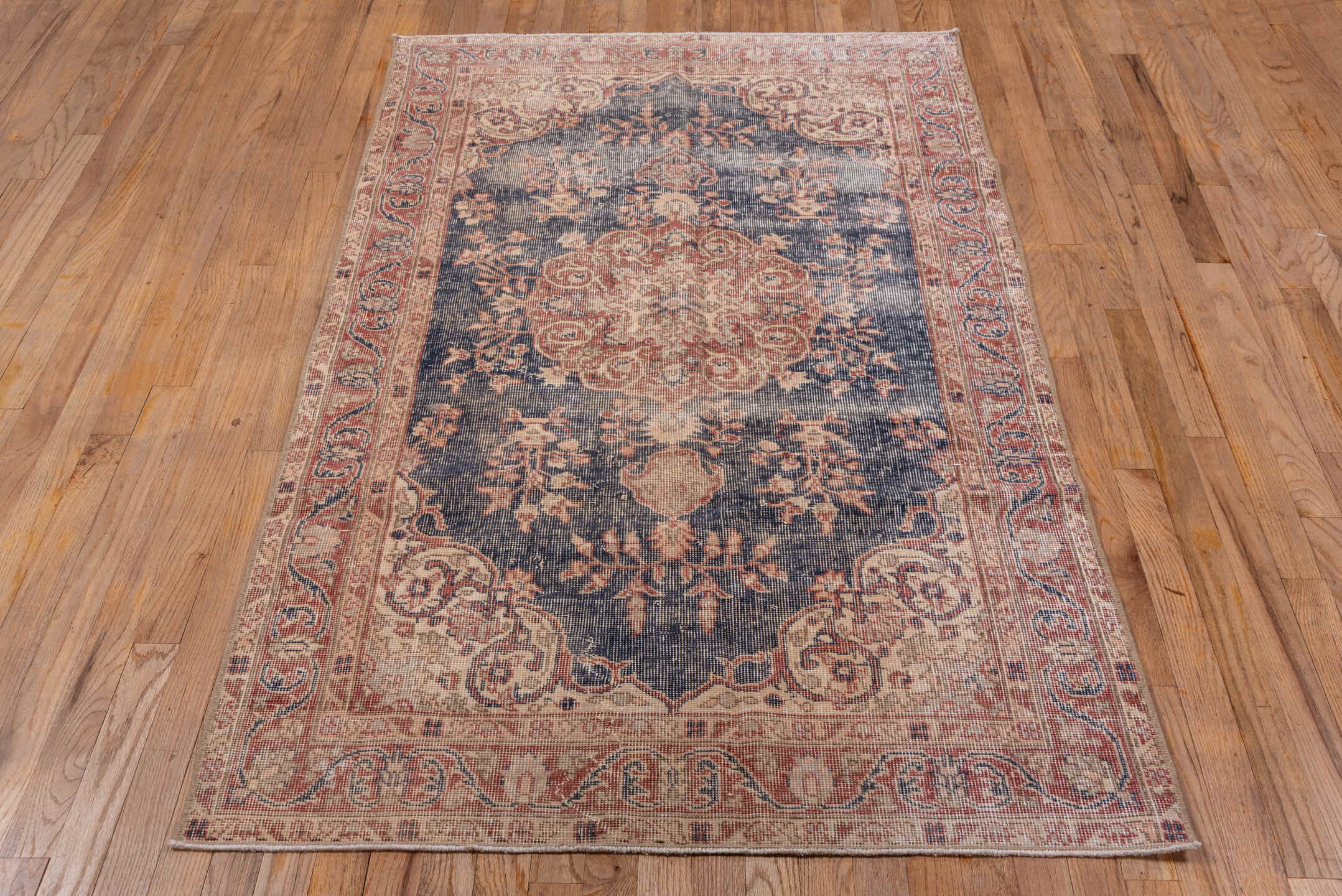 3' x 6' one-of-a-kind handmade vintage Oushak small size rug. Color palette: blue-gray, ivory, blush, rust, taupe, peach