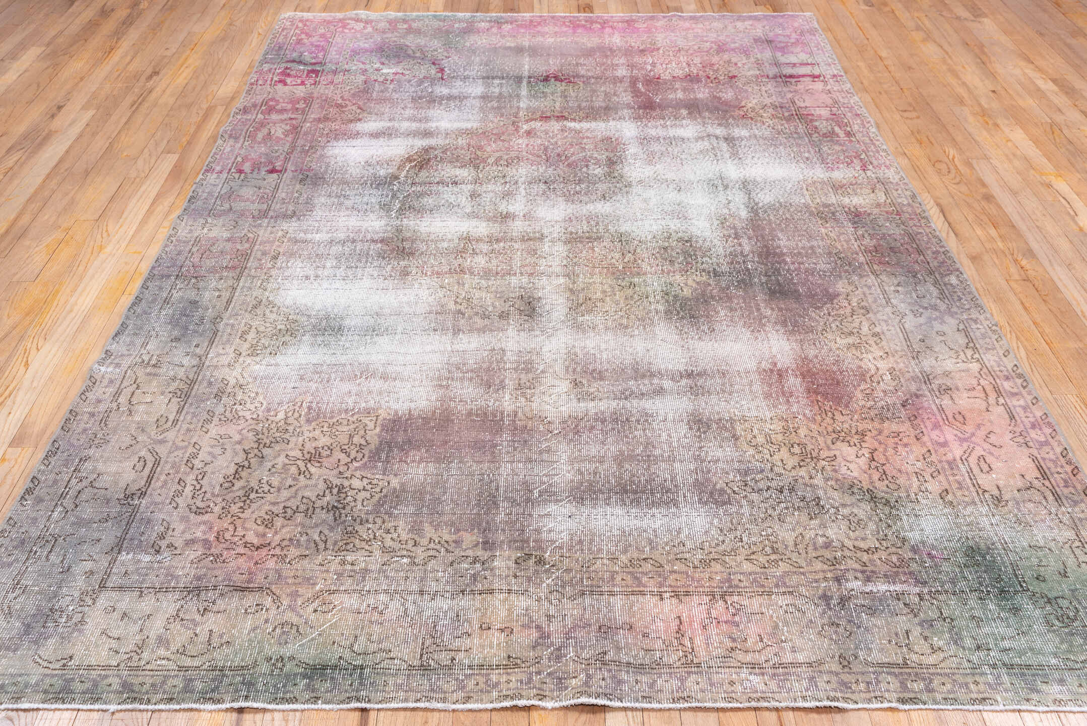 6' x 10' one-of-a-kind handmade vintage Oushak large size rug. Color palette: rose, mauve, ivory, taupe, sage, blush