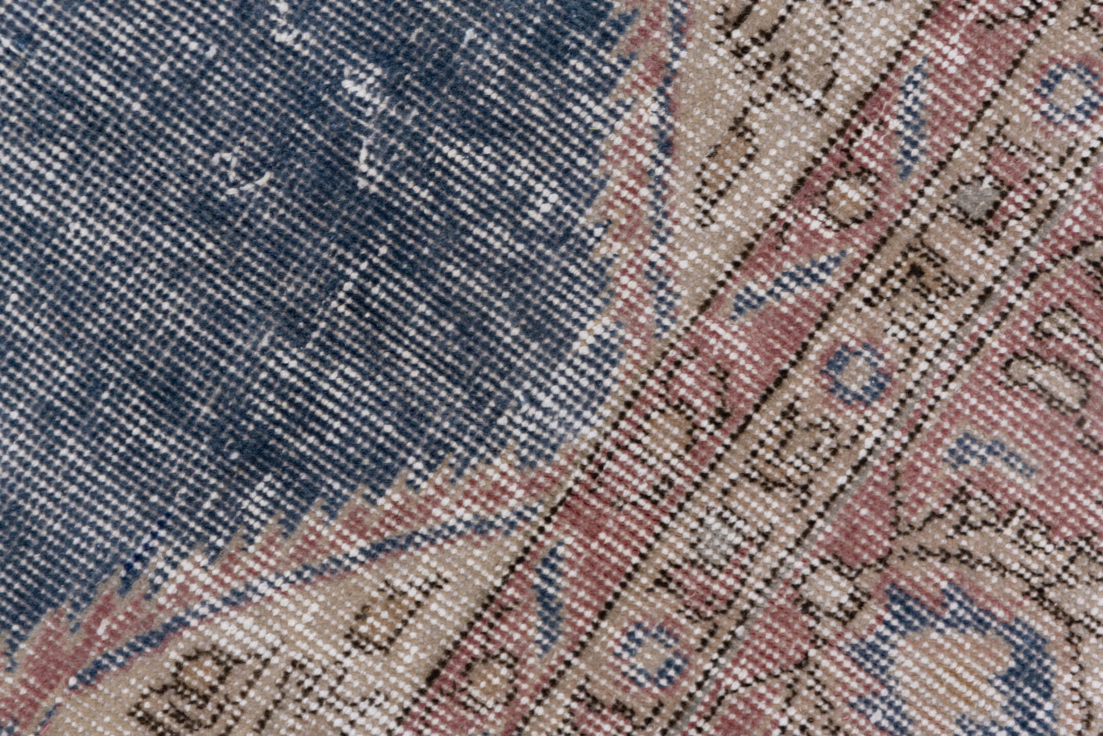 7' x 10' one-of-a-kind handmade vintage Oushak large size rug. Color palette: blue, brown, gray, light blue, light gray