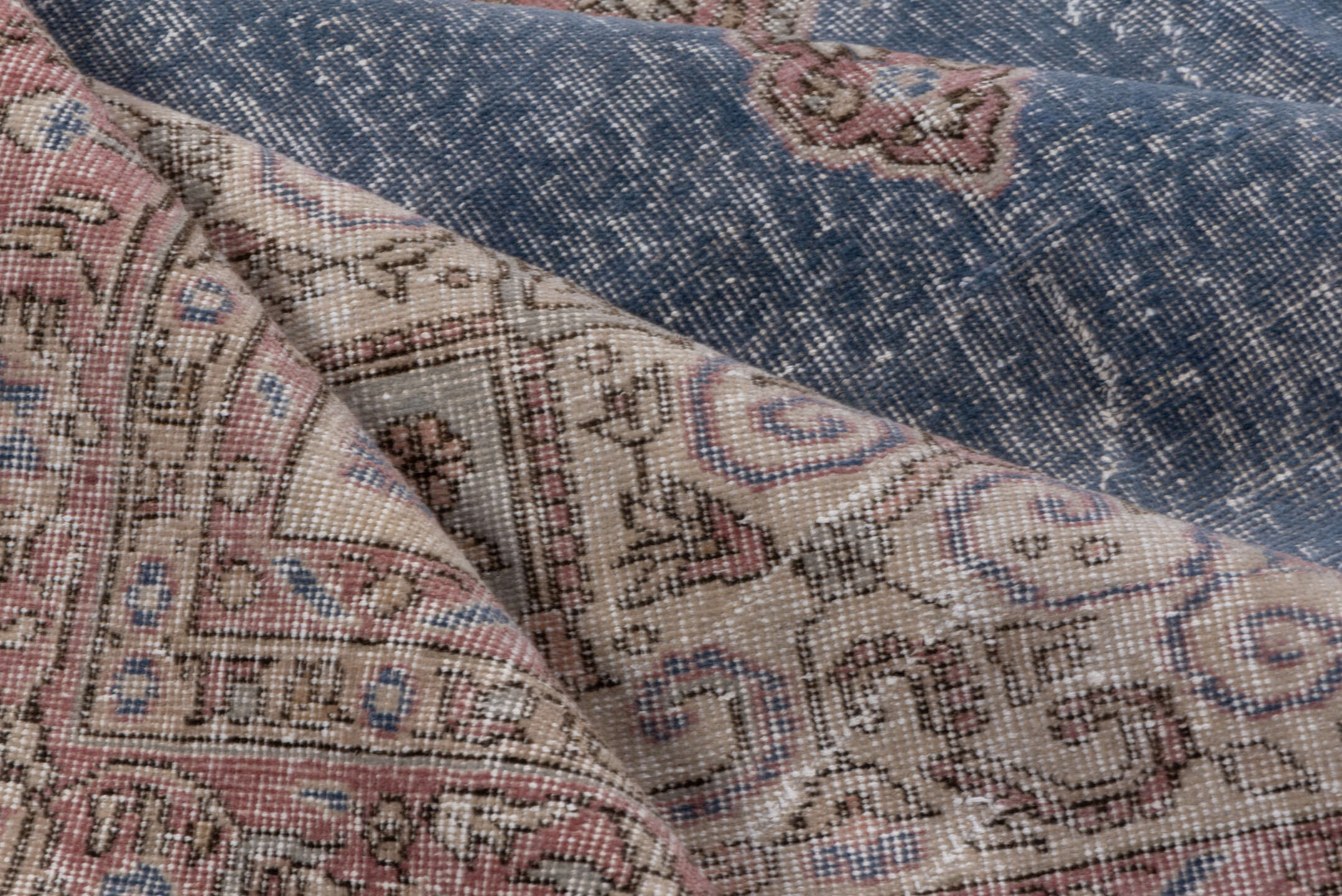 7' x 10' one-of-a-kind handmade vintage Oushak large size rug. Color palette: blue, brown, gray, light blue, light gray