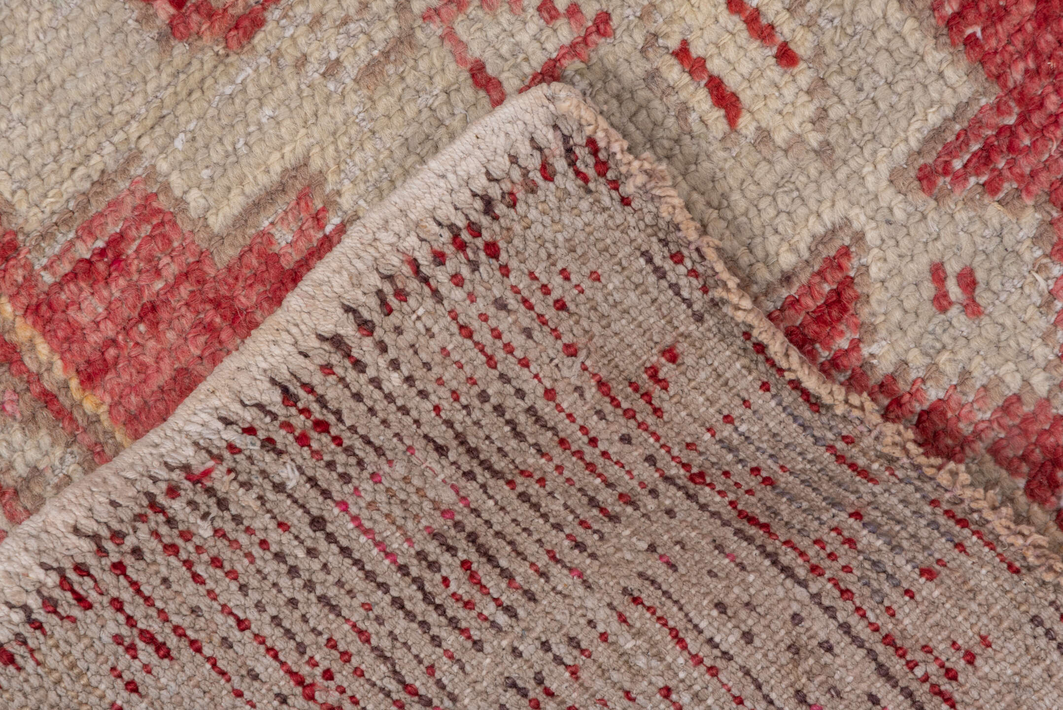2' x 4' one-of-a-kind handmade vintage Oushak small size rug. Color palette: ivory, coral, rose, taupe, peach, camel