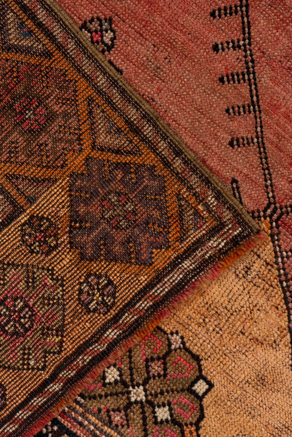 4' x 12' one-of-a-kind handmade vintage Oushak runner rug. Color palette: terra cotta, rust, navy, ivory, rose, camel