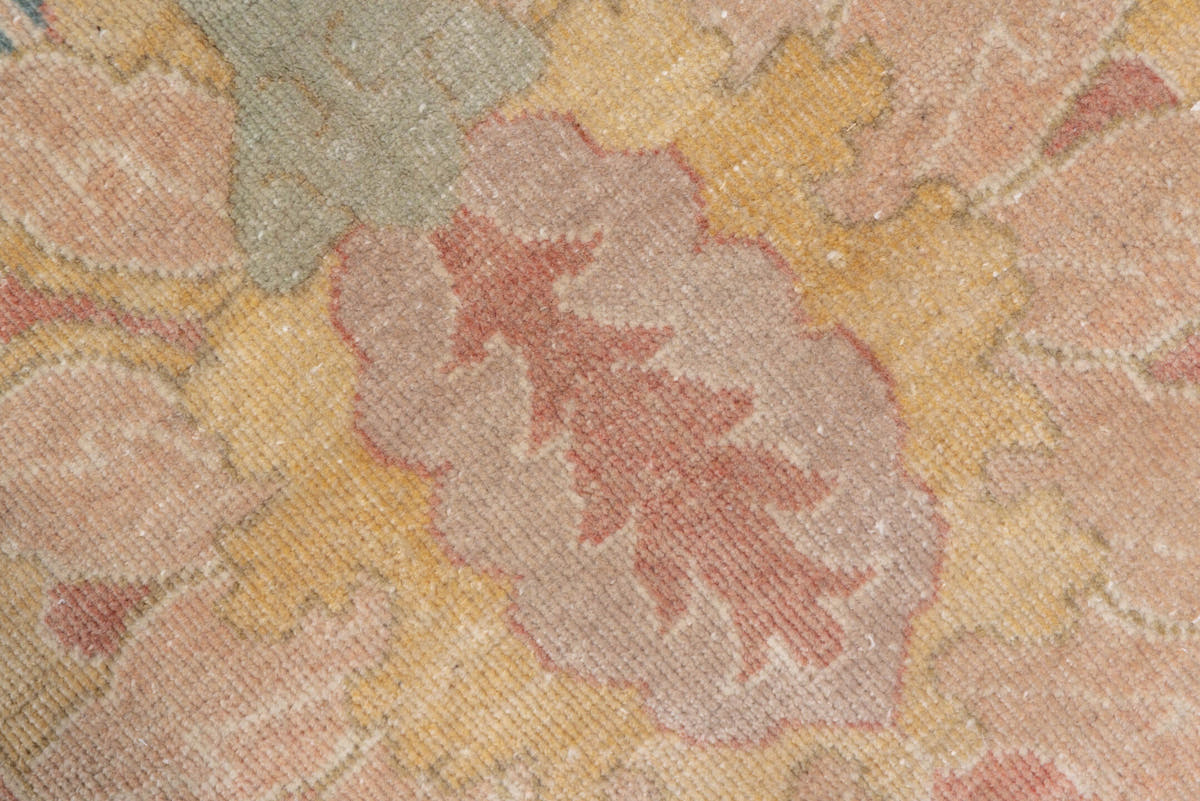2' x 13' one-of-a-kind handmade vintage Mahal runner rug. Color palette: sage, blush, ivory, peach, taupe, rose, gold, green