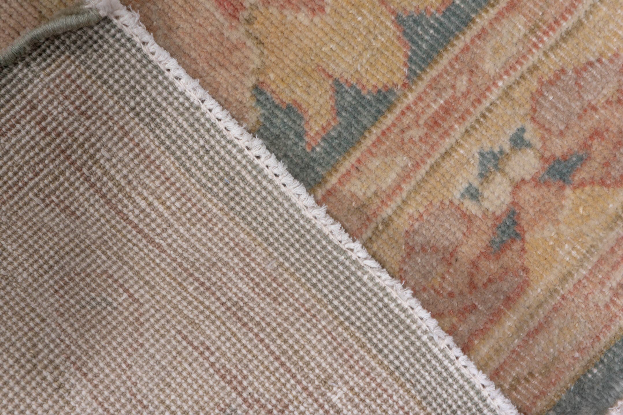 2' x 13' one-of-a-kind handmade vintage Mahal runner rug. Color palette: sage, blush, ivory, peach, taupe, rose, gold, green