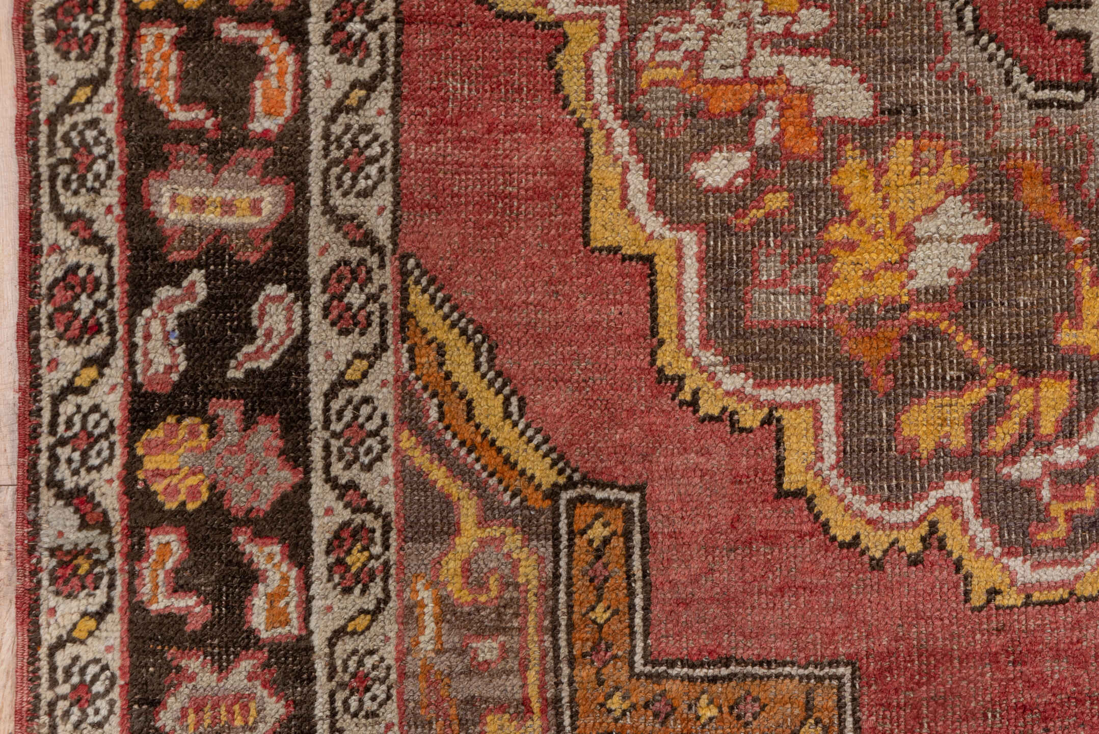 5' x 8' one-of-a-kind handmade vintage Oushak medium size rug. Color palette: rose, charcoal, lavender, ivory, gold, rust