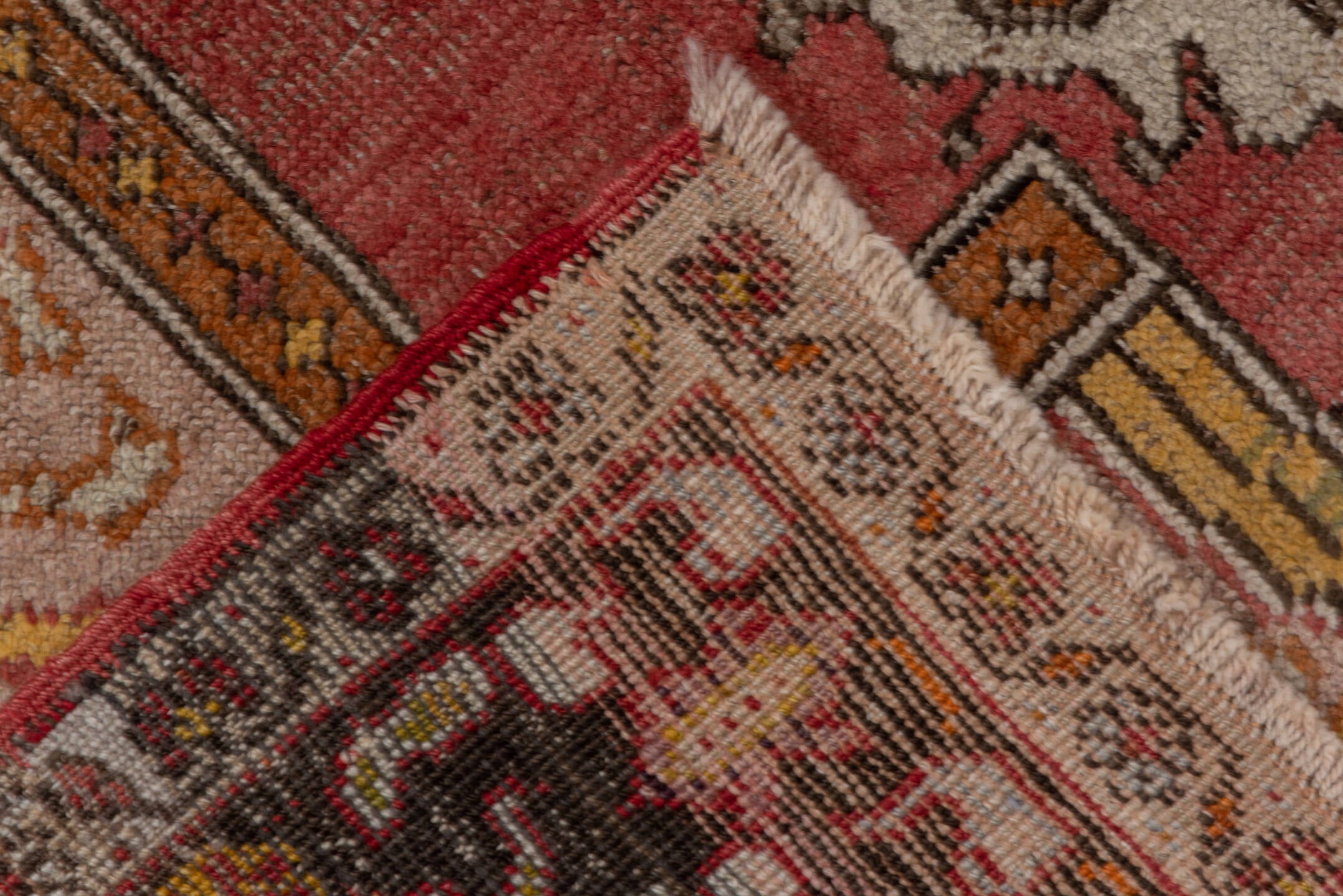 5' x 8' one-of-a-kind handmade vintage Oushak medium size rug. Color palette: rose, charcoal, lavender, ivory, gold, rust