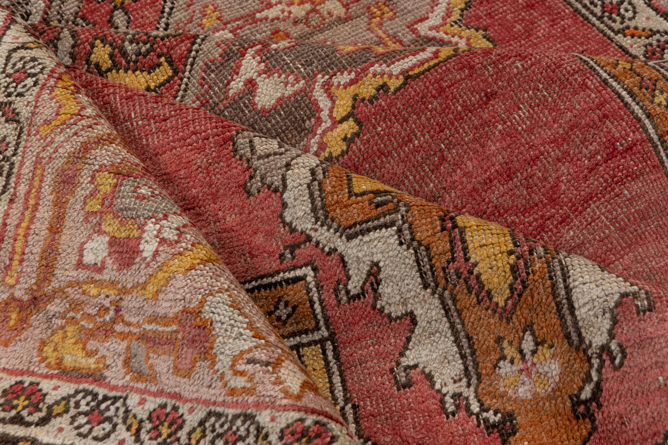 5' x 8' one-of-a-kind handmade vintage Oushak medium size rug. Color palette: rose, charcoal, lavender, ivory, gold, rust