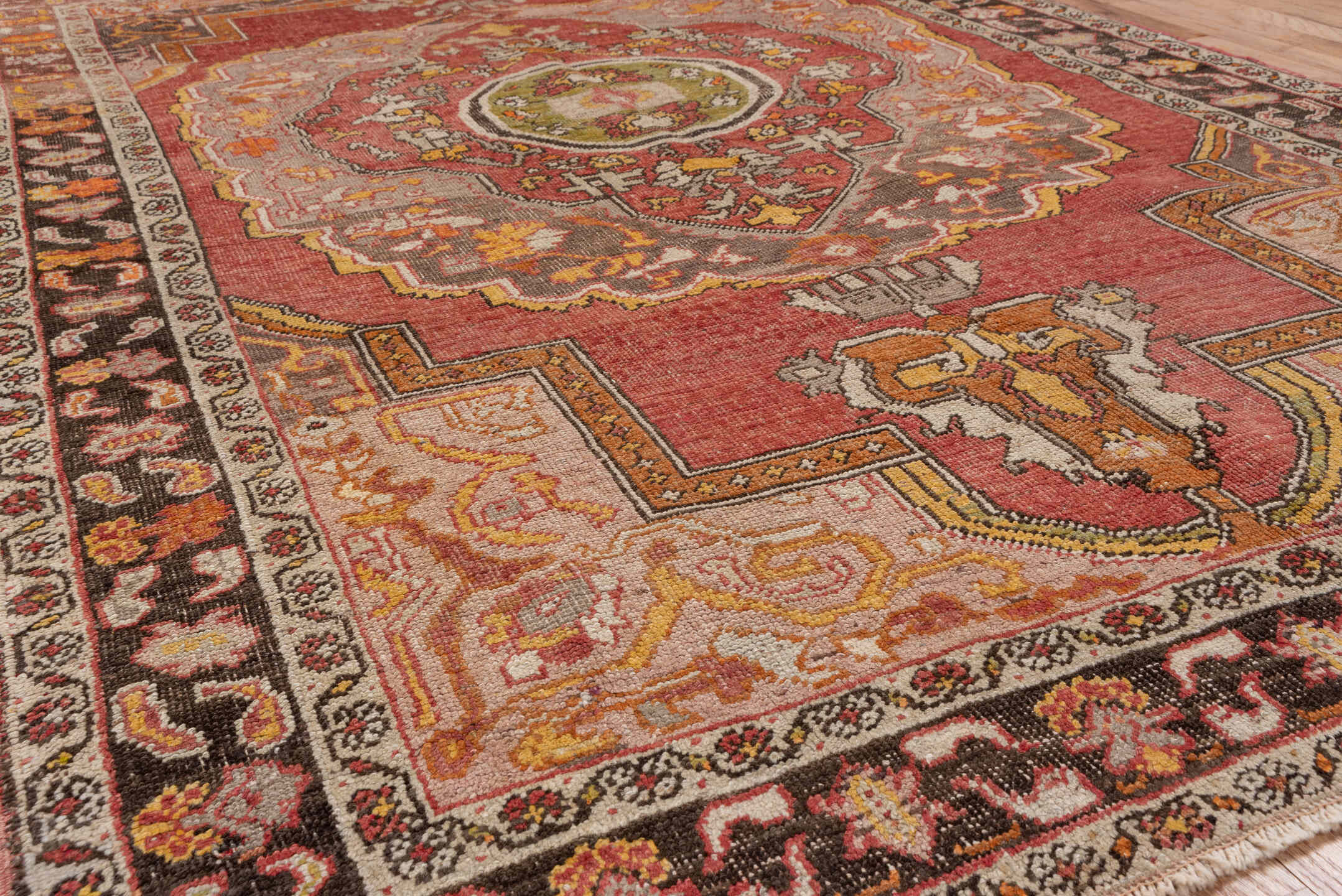 5' x 8' one-of-a-kind handmade vintage Oushak medium size rug. Color palette: rose, charcoal, lavender, ivory, gold, rust