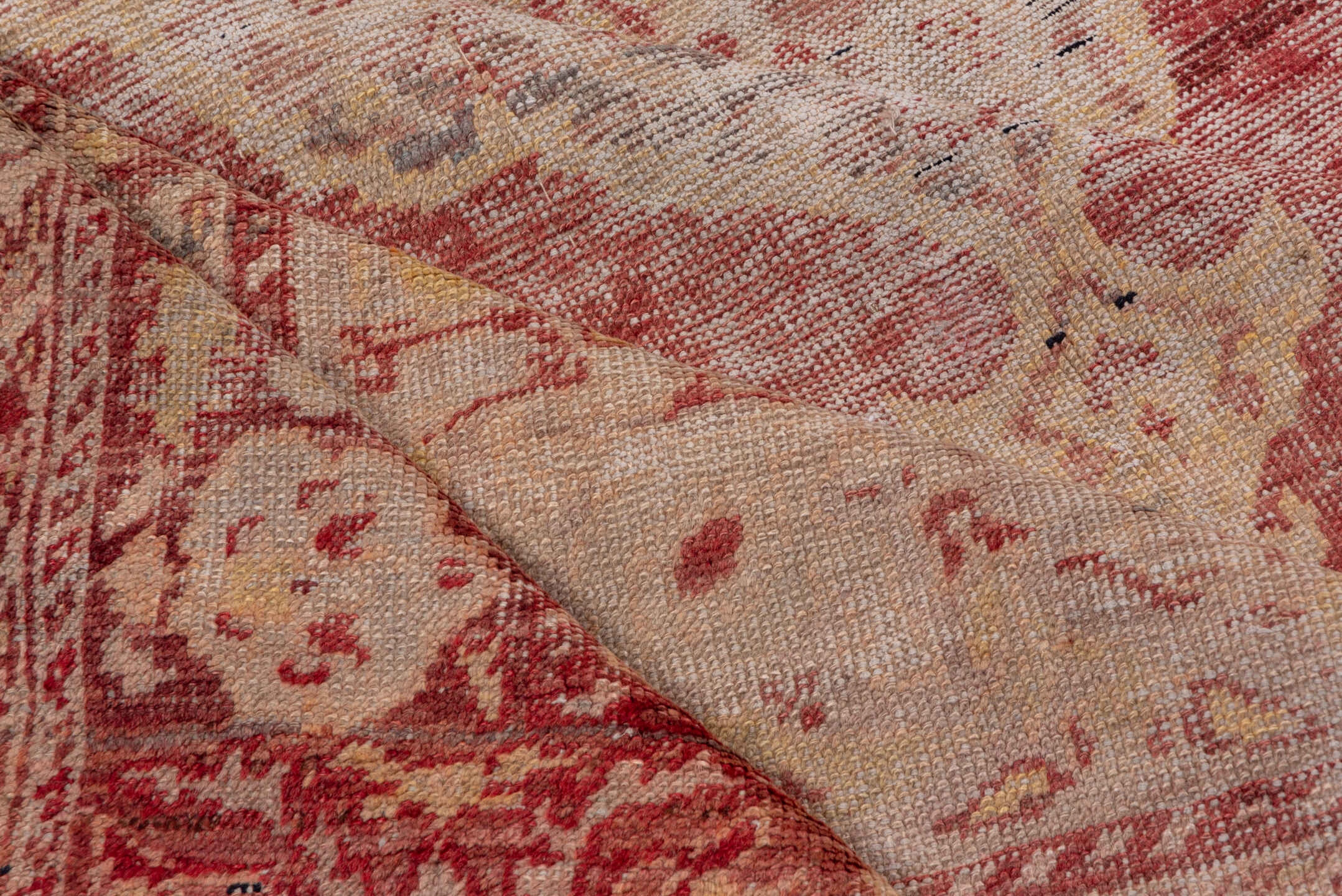 5' x 9' one-of-a-kind handmade vintage Oushak medium size rug. Color palette: brown, gray, light gray, pink, red, redwood