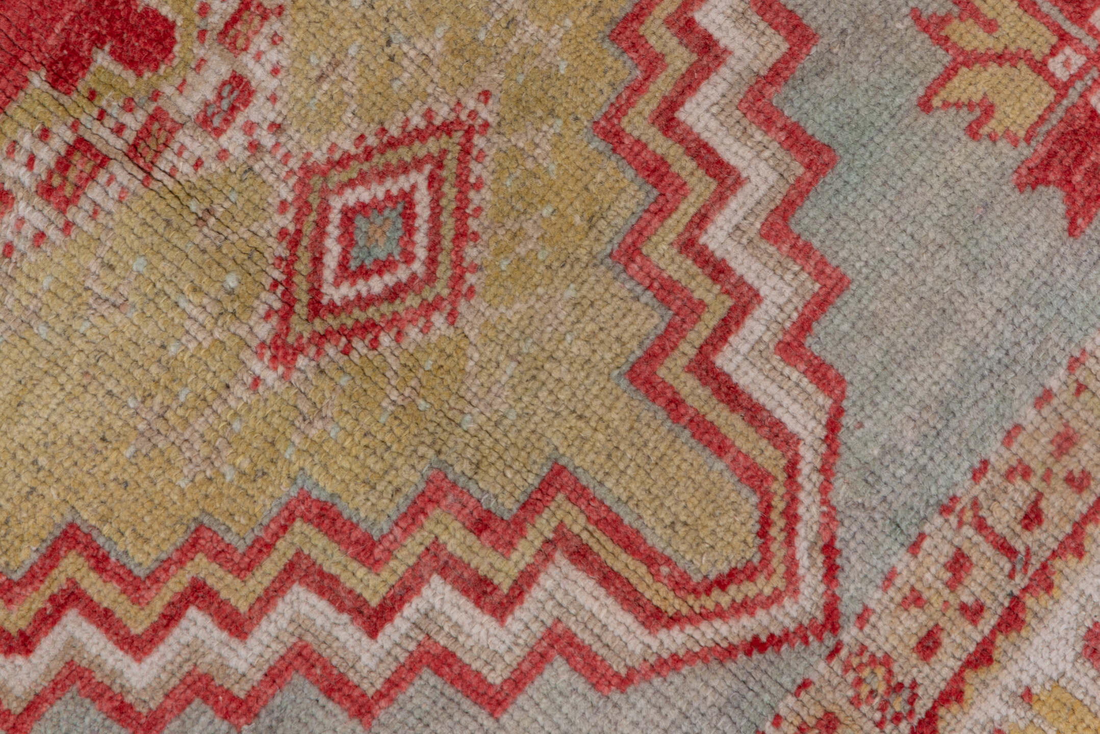 3' x 5' one-of-a-kind handmade vintage Oushak small size rug. Color palette: coral, ivory, gold, pale blue, saffron, rose