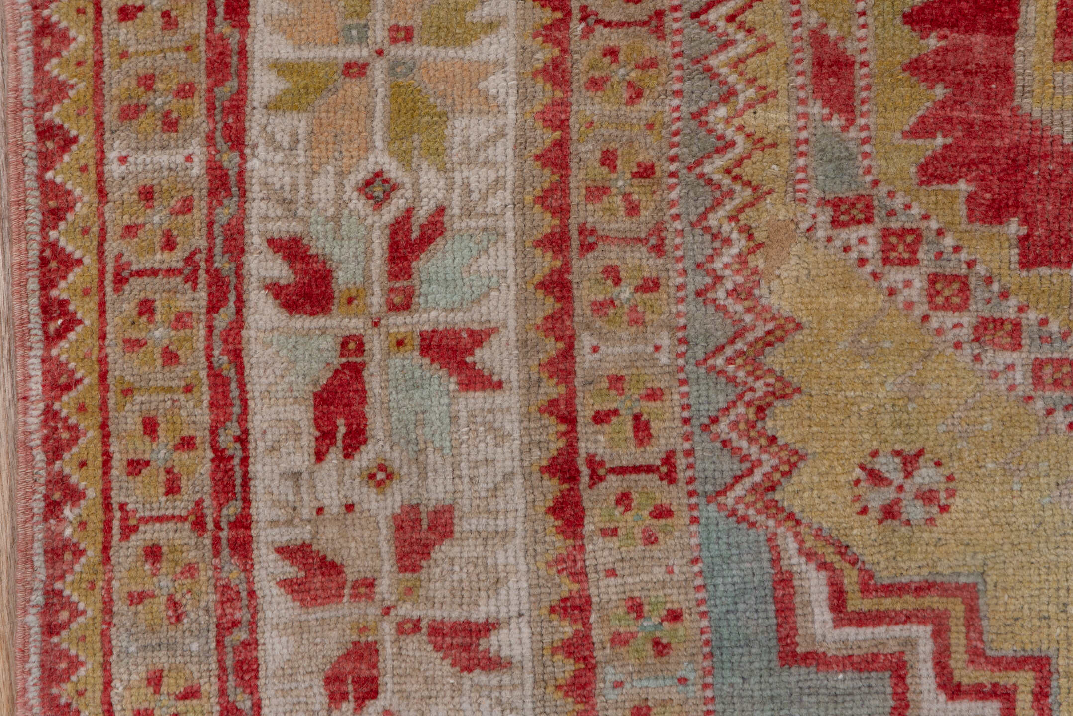 3' x 5' one-of-a-kind handmade vintage Oushak small size rug. Color palette: coral, ivory, gold, pale blue, saffron, rose