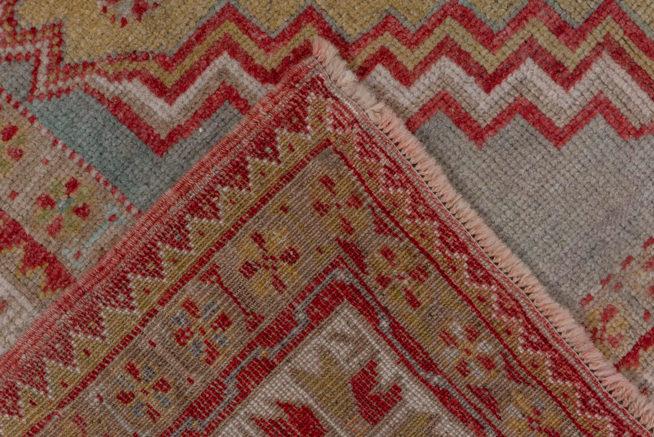 3' x 5' one-of-a-kind handmade vintage Oushak small size rug. Color palette: coral, ivory, gold, pale blue, saffron, rose