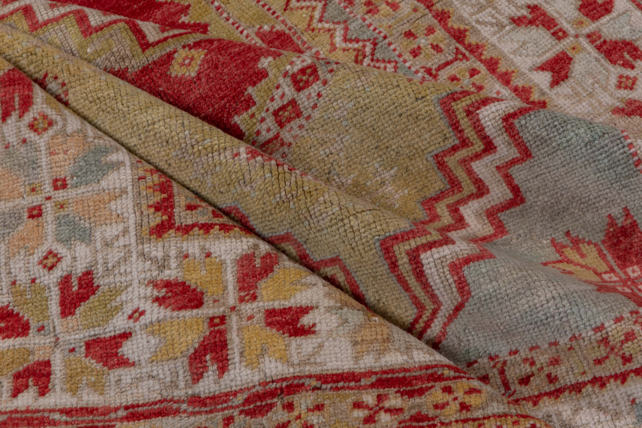 3' x 5' one-of-a-kind handmade vintage Oushak small size rug. Color palette: coral, ivory, gold, pale blue, saffron, rose
