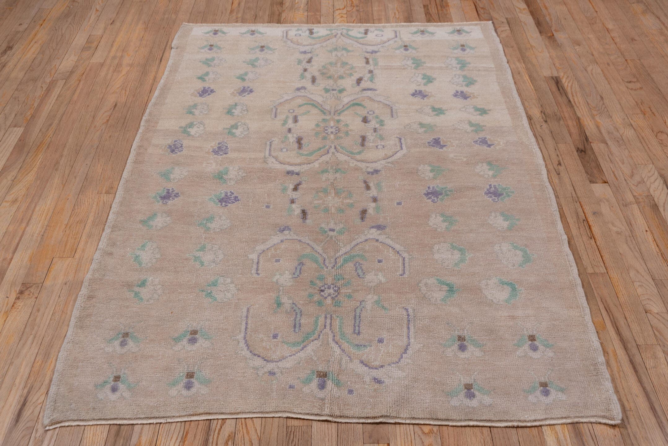 4' x 7' one-of-a-kind handmade vintage Oushak rug. Color palette: blush, ivory, mint, lavender, taupe, sage, pink, green