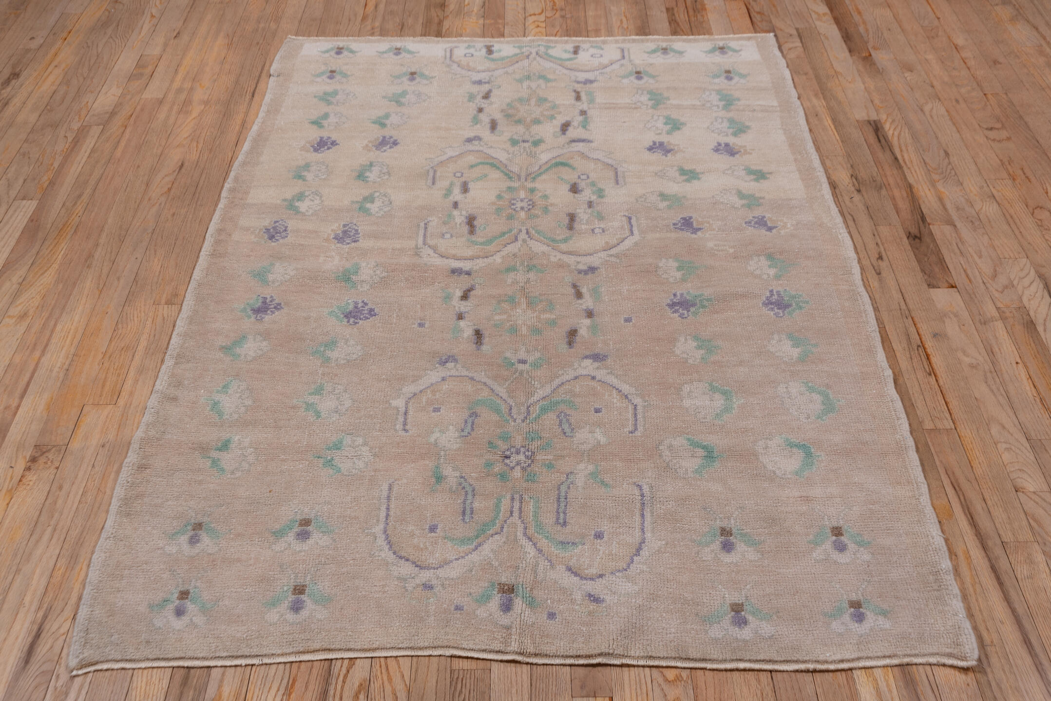4' x 7' one-of-a-kind handmade vintage Oushak rug. Color palette: blush, ivory, mint, lavender, taupe, sage, pink, green