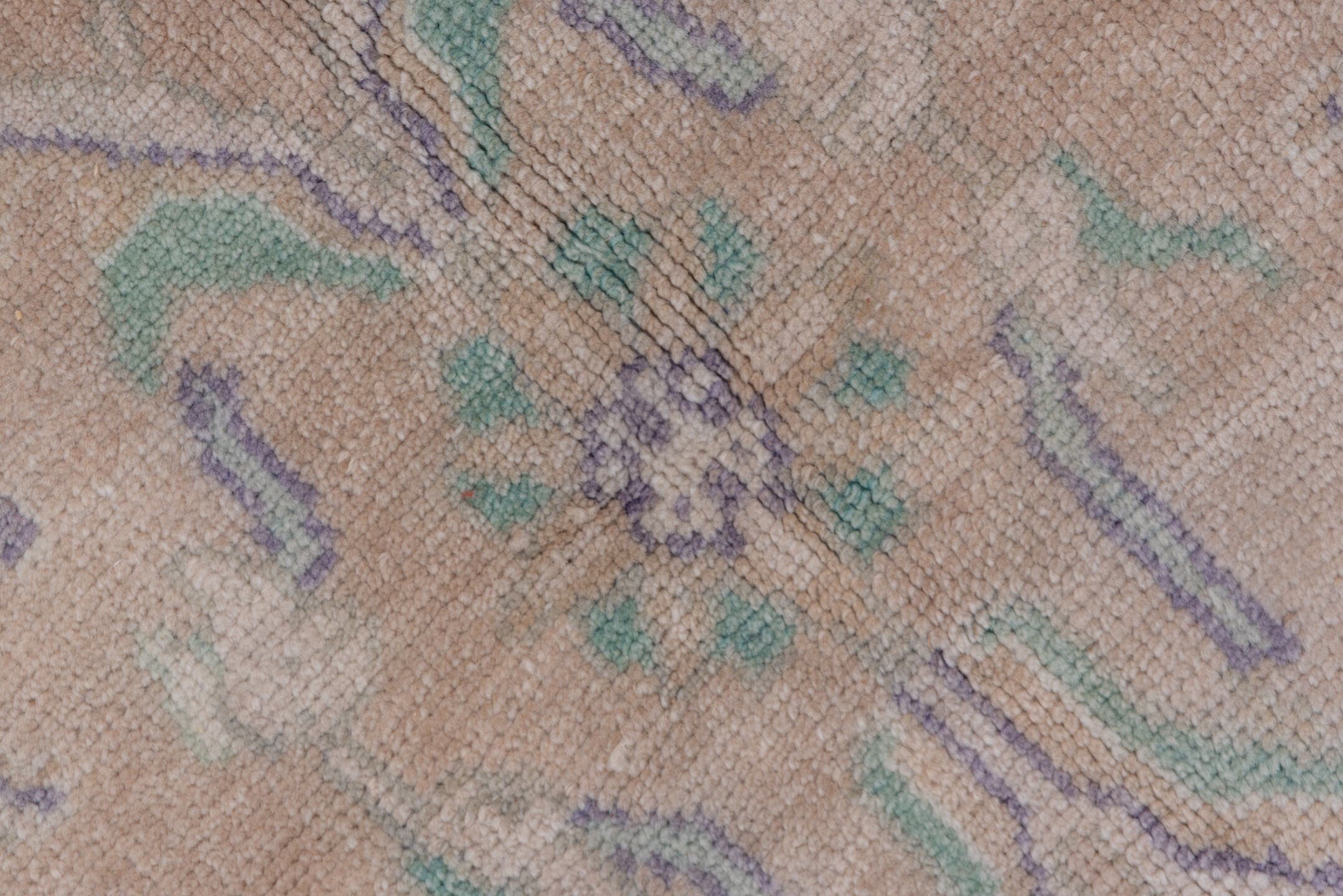 4' x 7' one-of-a-kind handmade vintage Oushak rug. Color palette: blush, ivory, mint, lavender, taupe, sage, pink, green