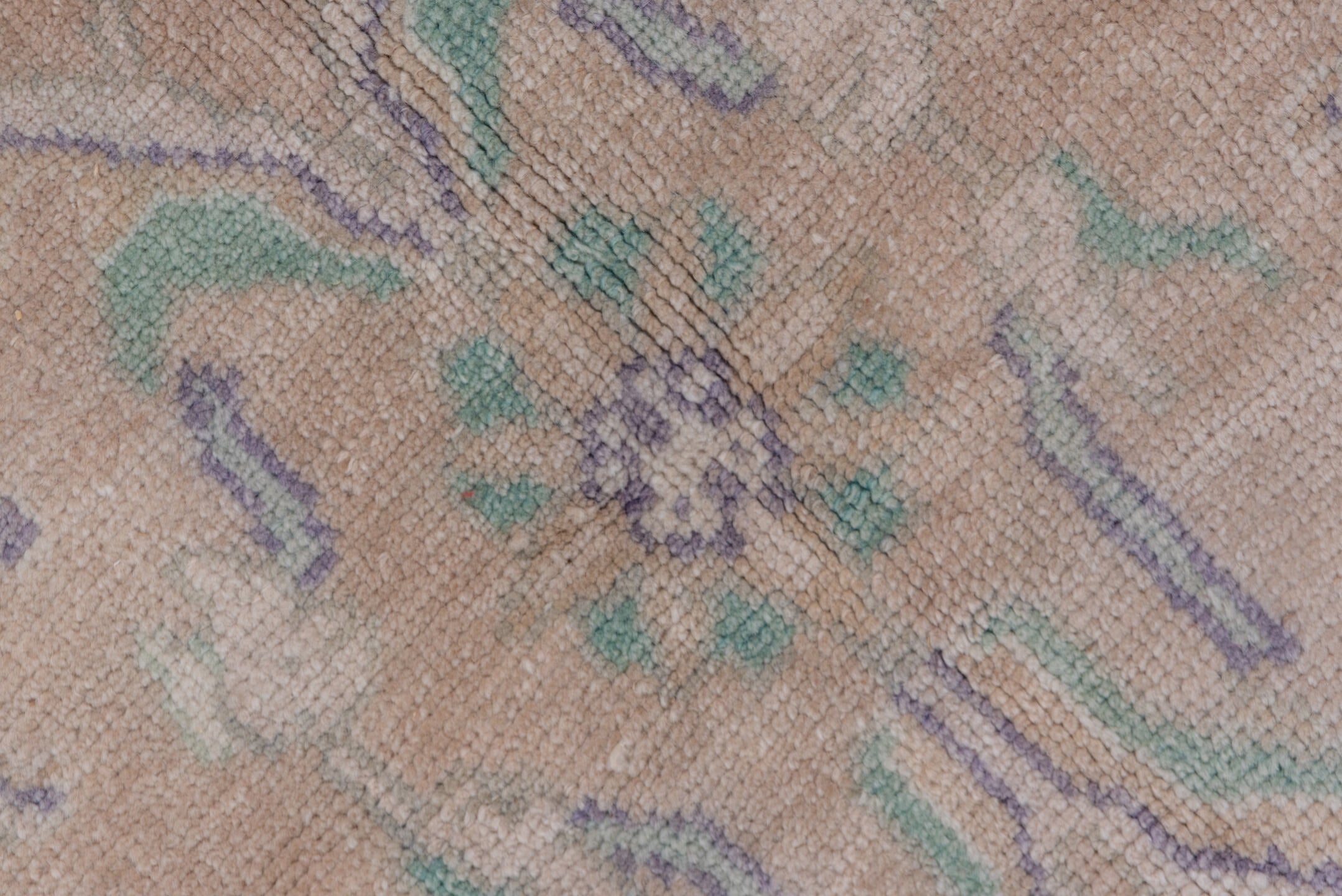 4' x 7' one-of-a-kind handmade vintage Oushak rug. Color palette: blush, ivory, mint, lavender, taupe, sage, pink, green